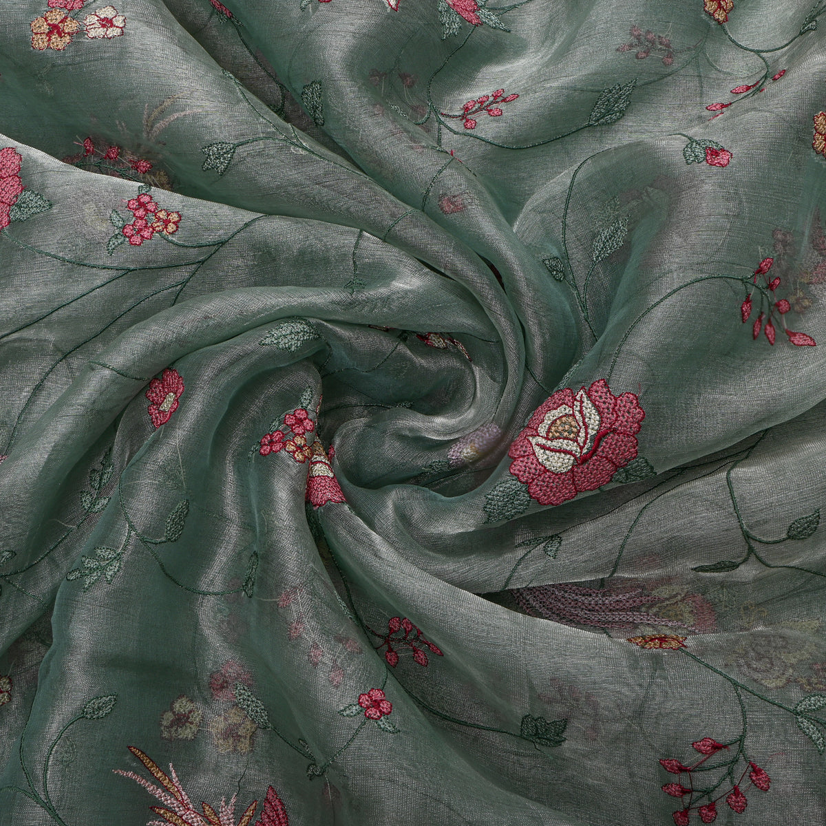 Green Floral Jaal Thread Work Tissue Fabric