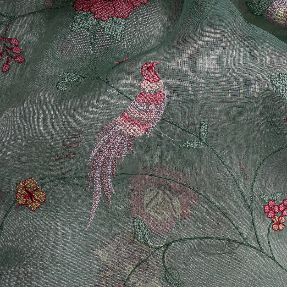 Green Floral Jaal Thread Work Tissue Fabric