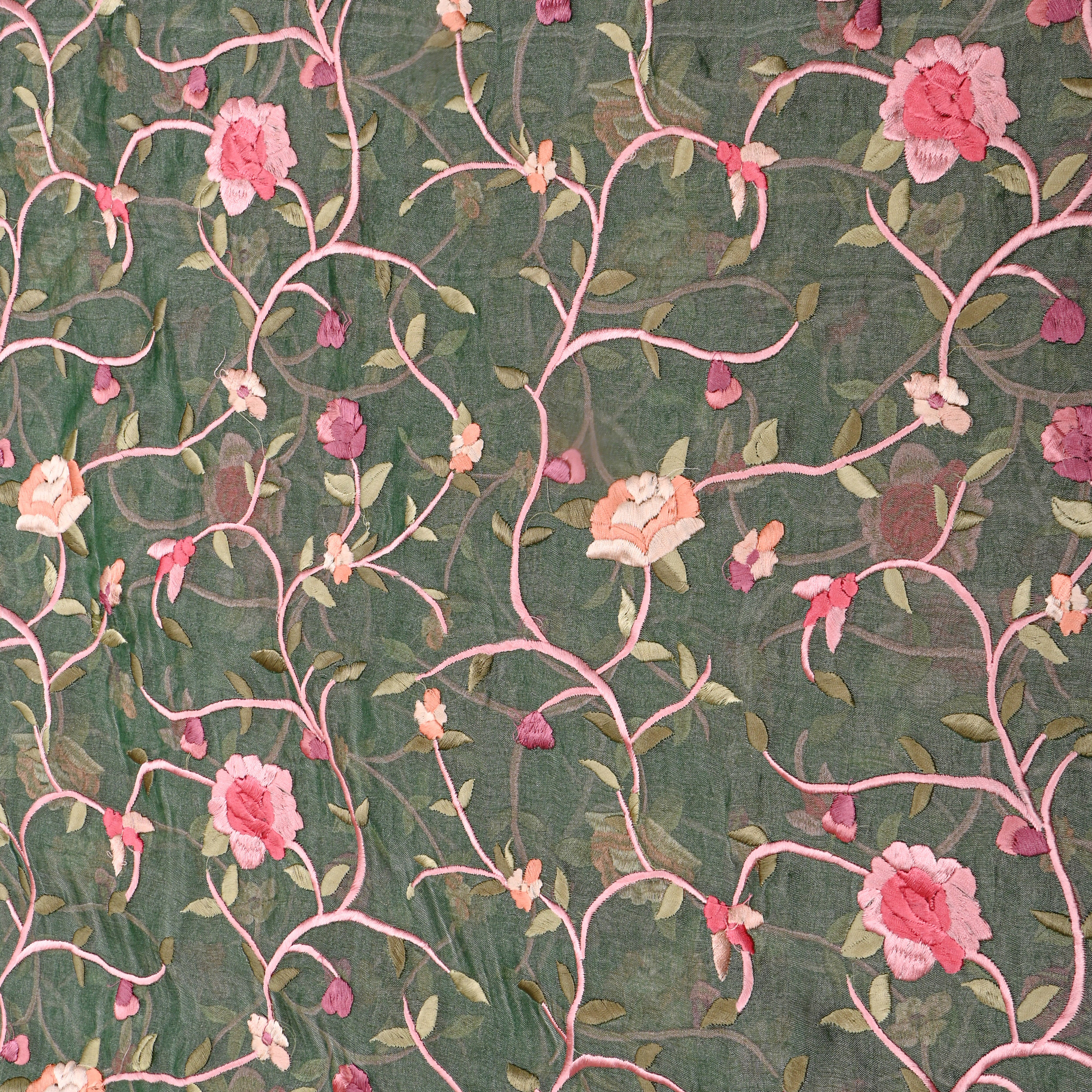 Green Floral Jaal Thread Work Tissue Fabric