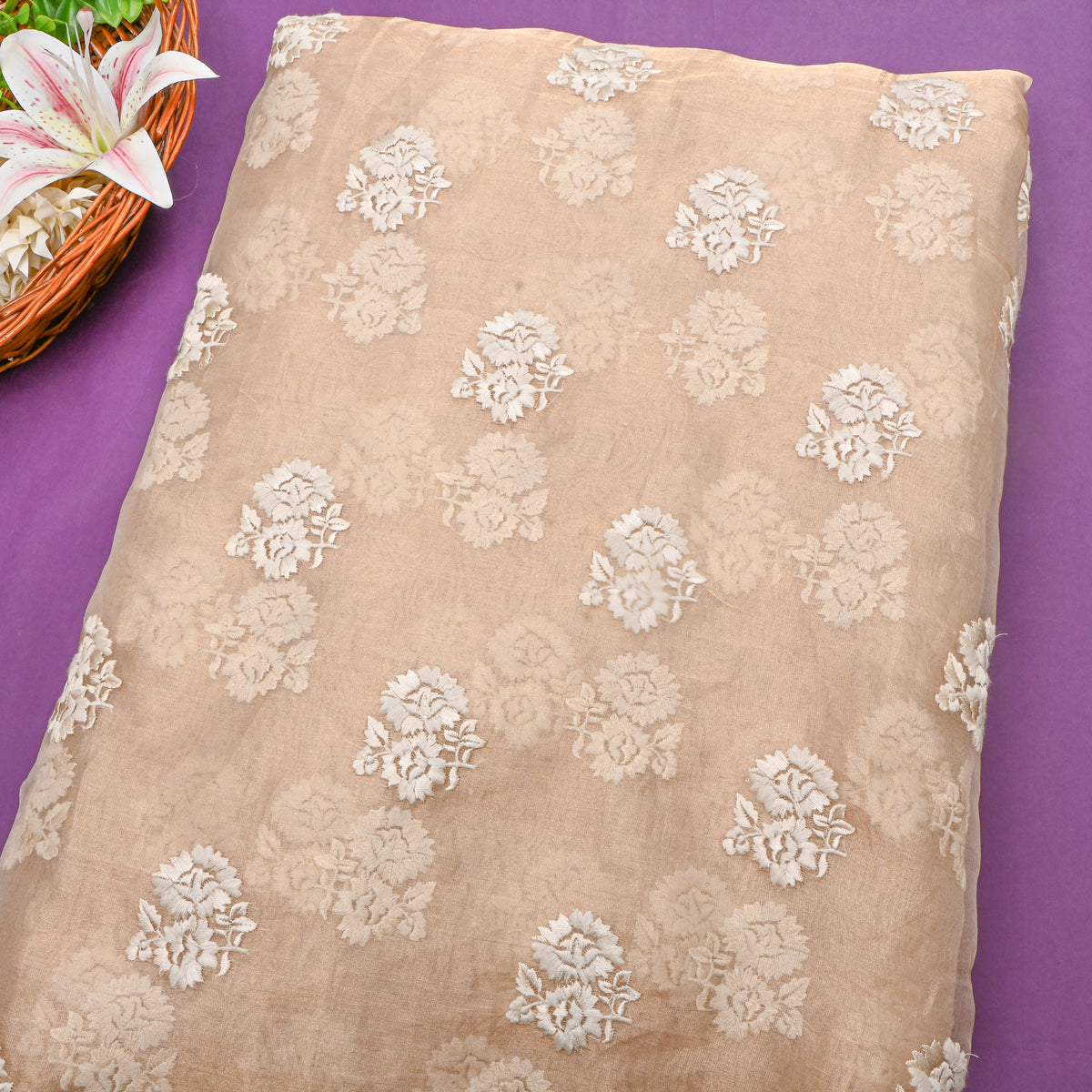 Beige Floral Butti Thread Work Tissue Fabric