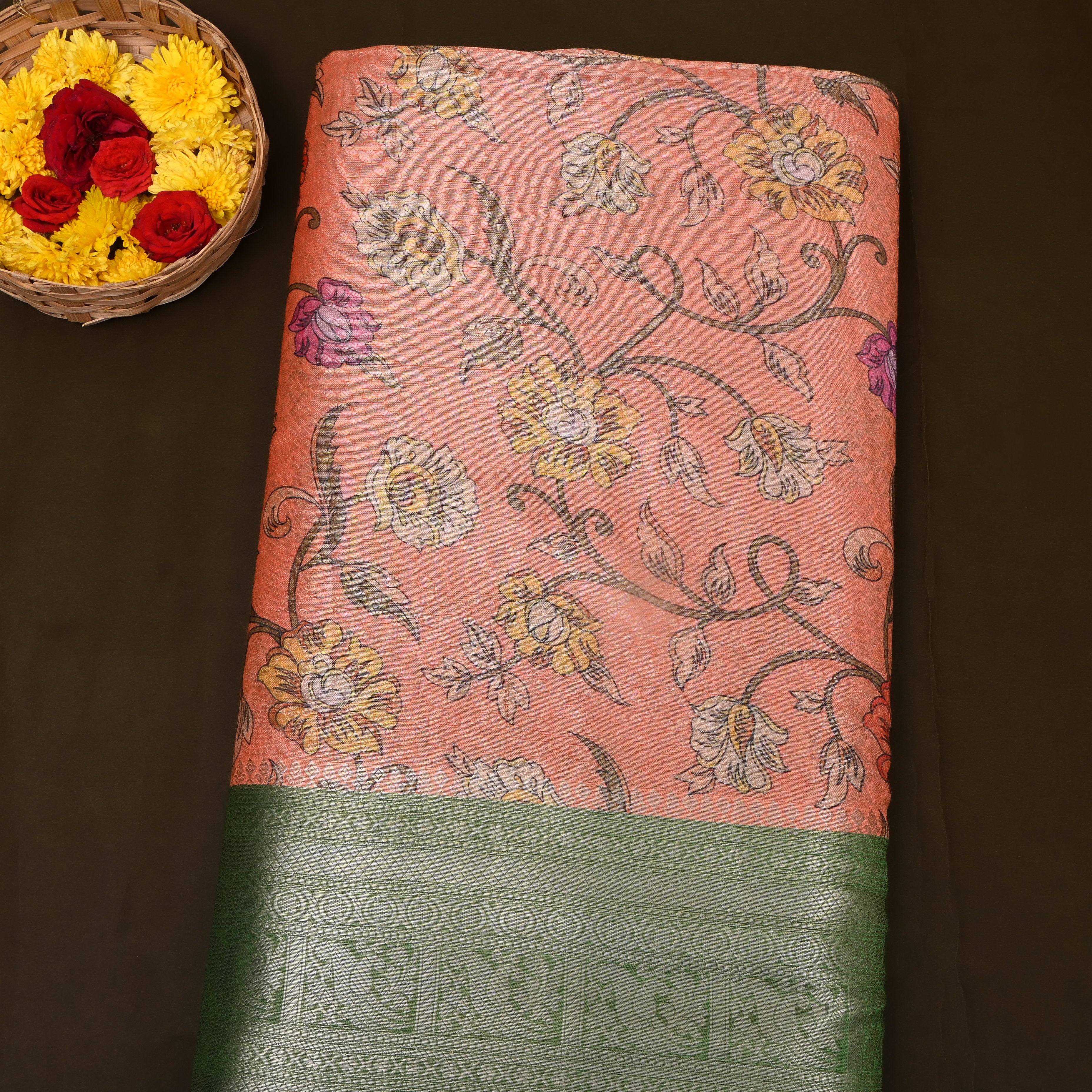 Rust Orange Green Floral Vine Digital Print Tissue Fabric