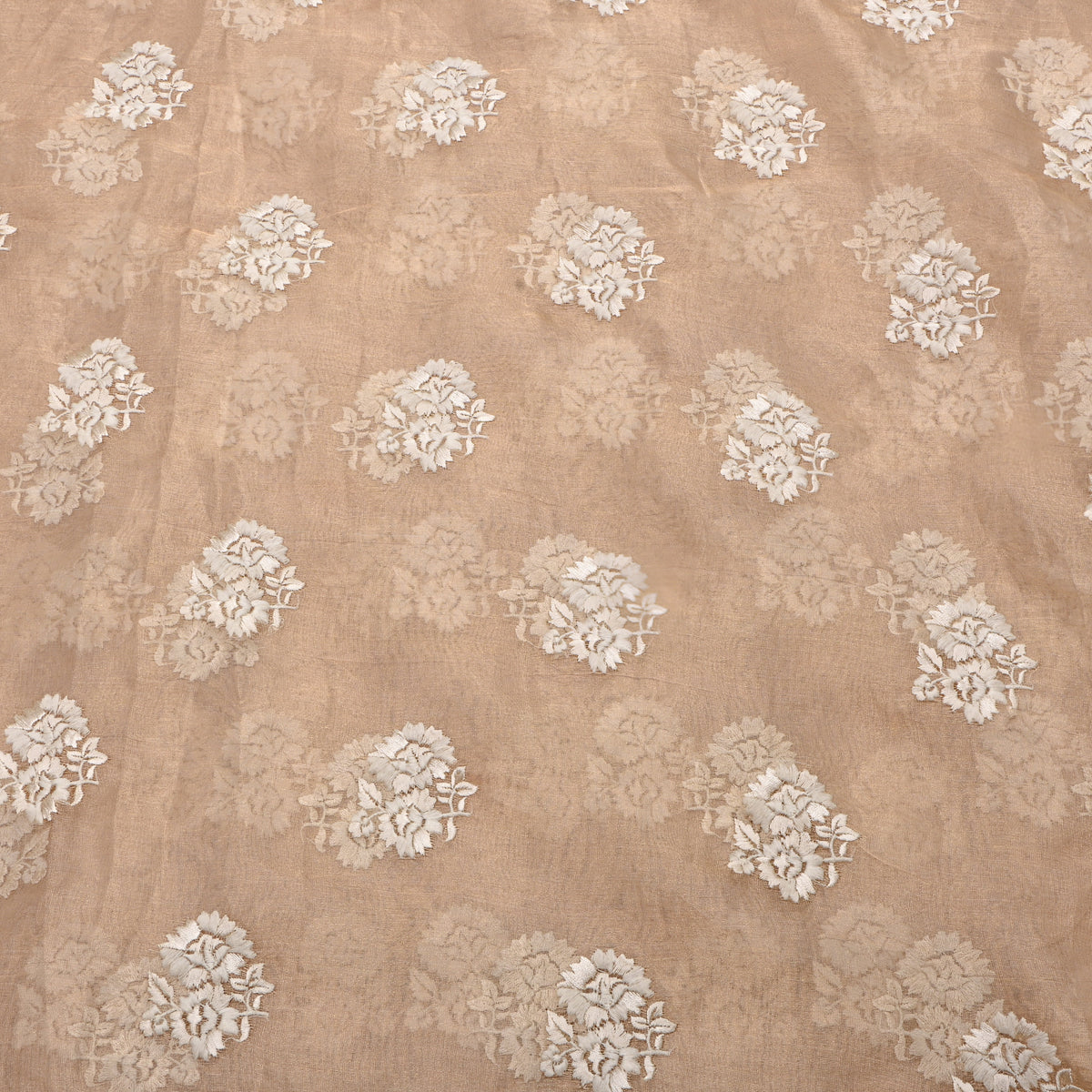 Beige Floral Butti Thread Work Tissue Fabric