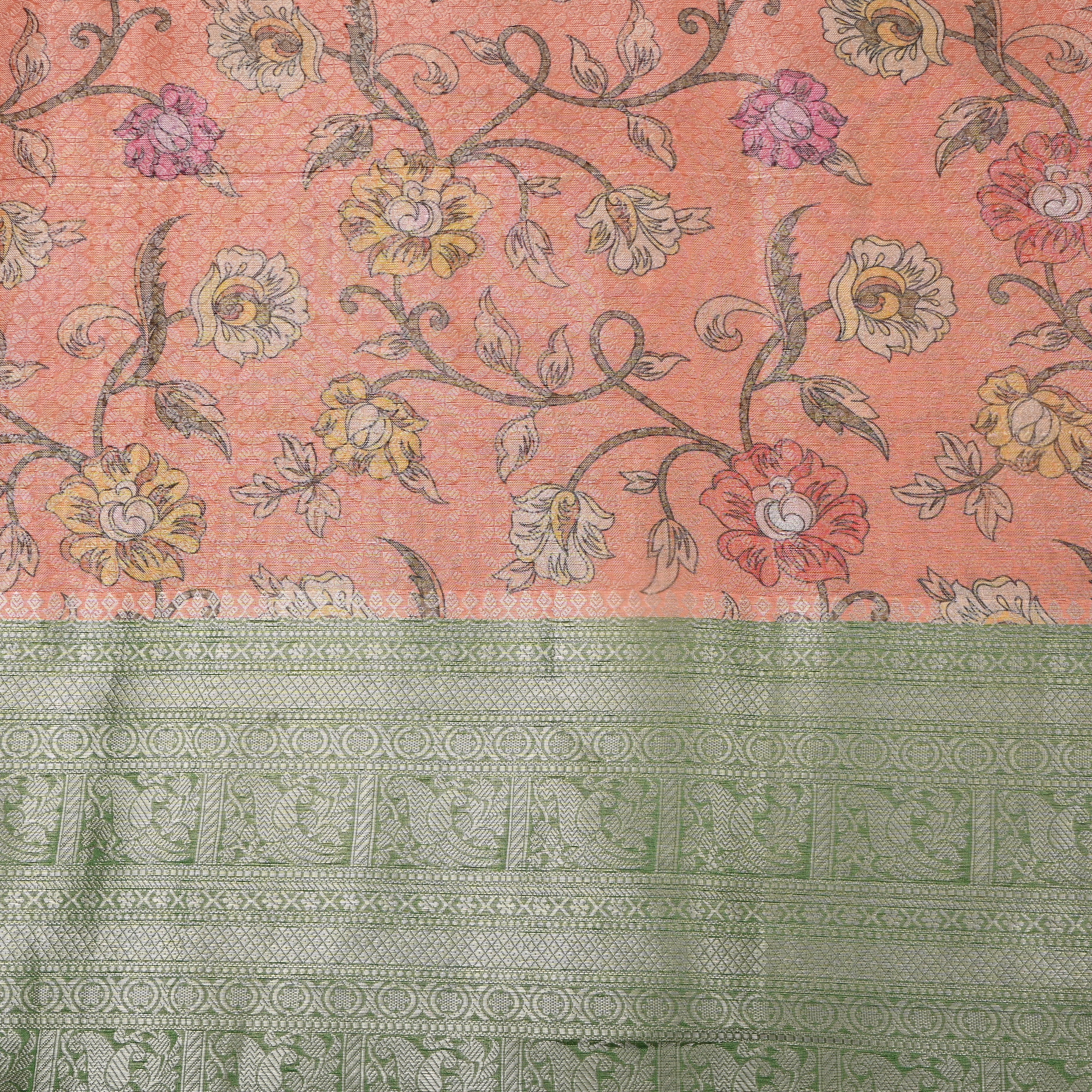 Rust Orange Green Floral Vine Digital Print Tissue Fabric