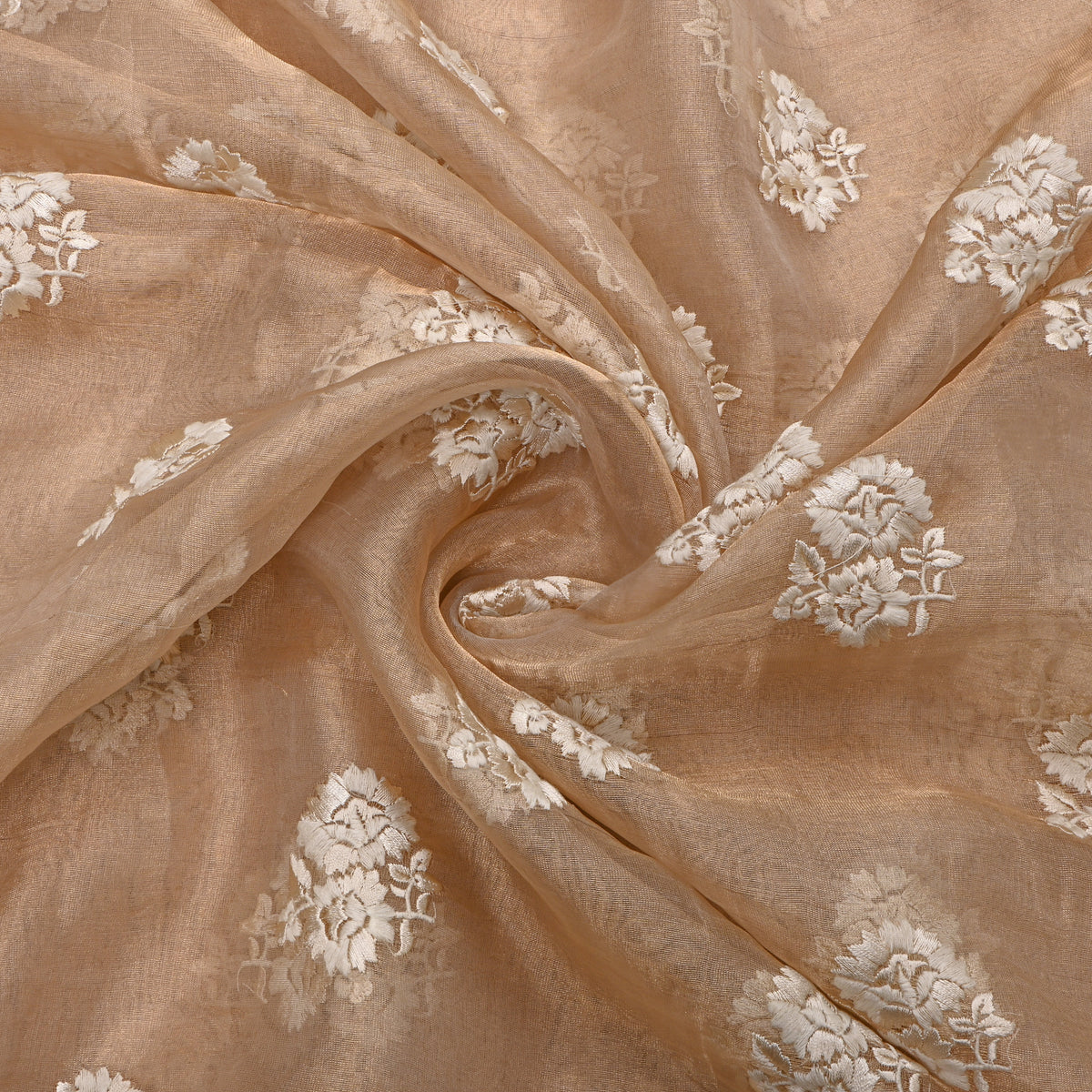 Beige Floral Butti Thread Work Tissue Fabric