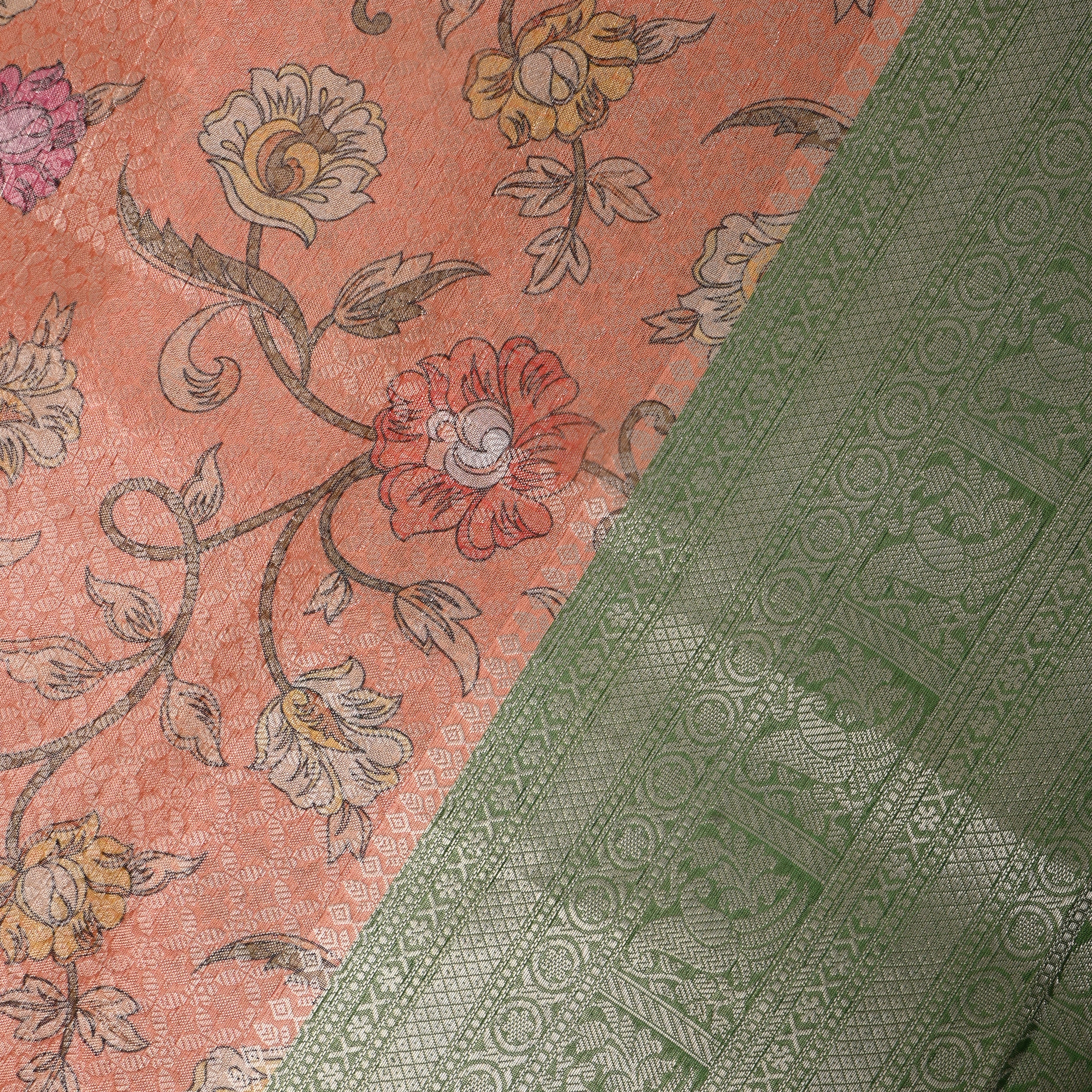 Rust Orange Green Floral Vine Digital Print Tissue Fabric