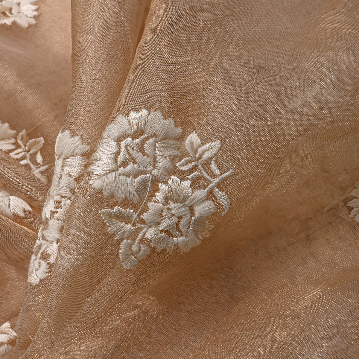 Beige Floral Butti Thread Work Tissue Fabric