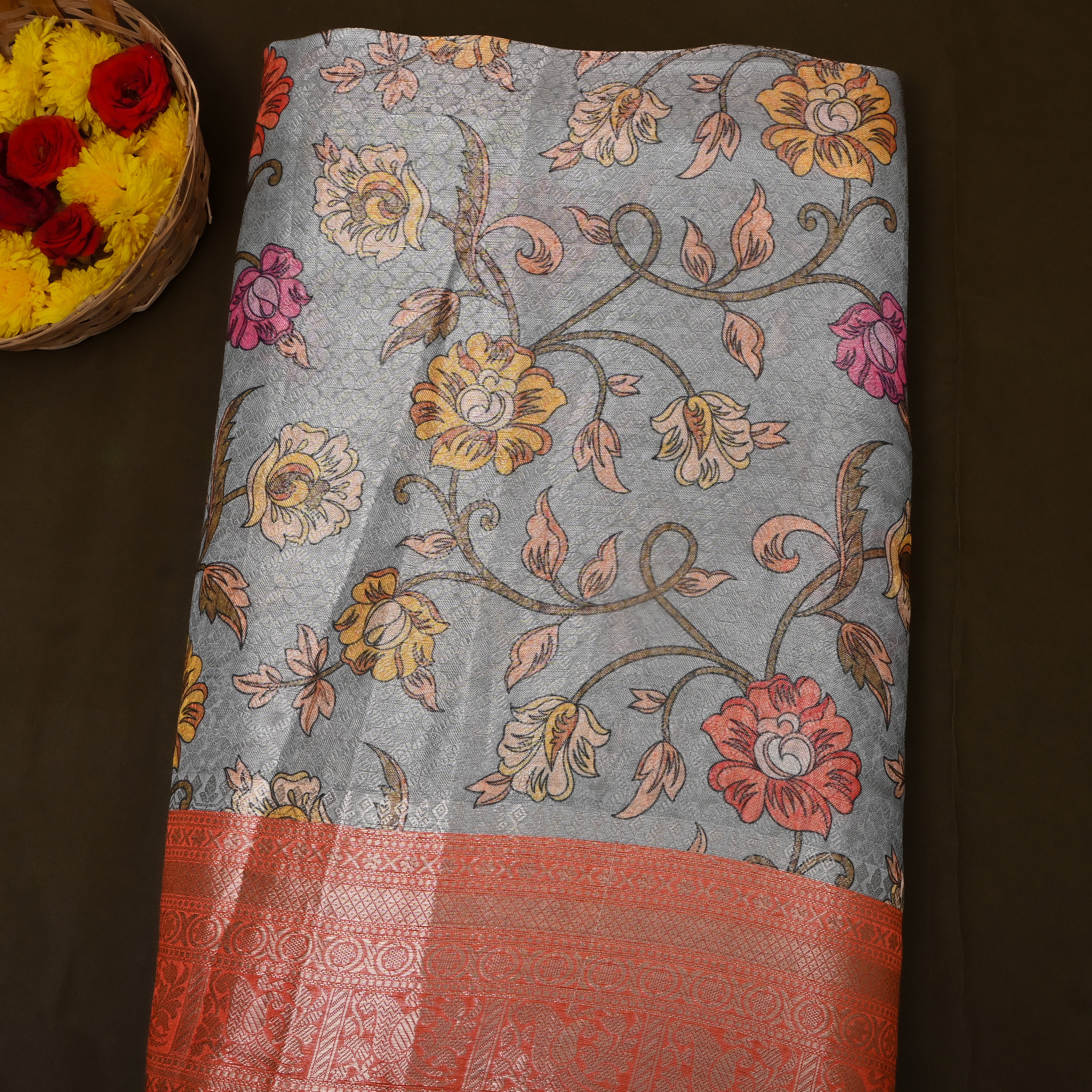 Grey Rust Floral Vine Digital Print Tissue Fabric