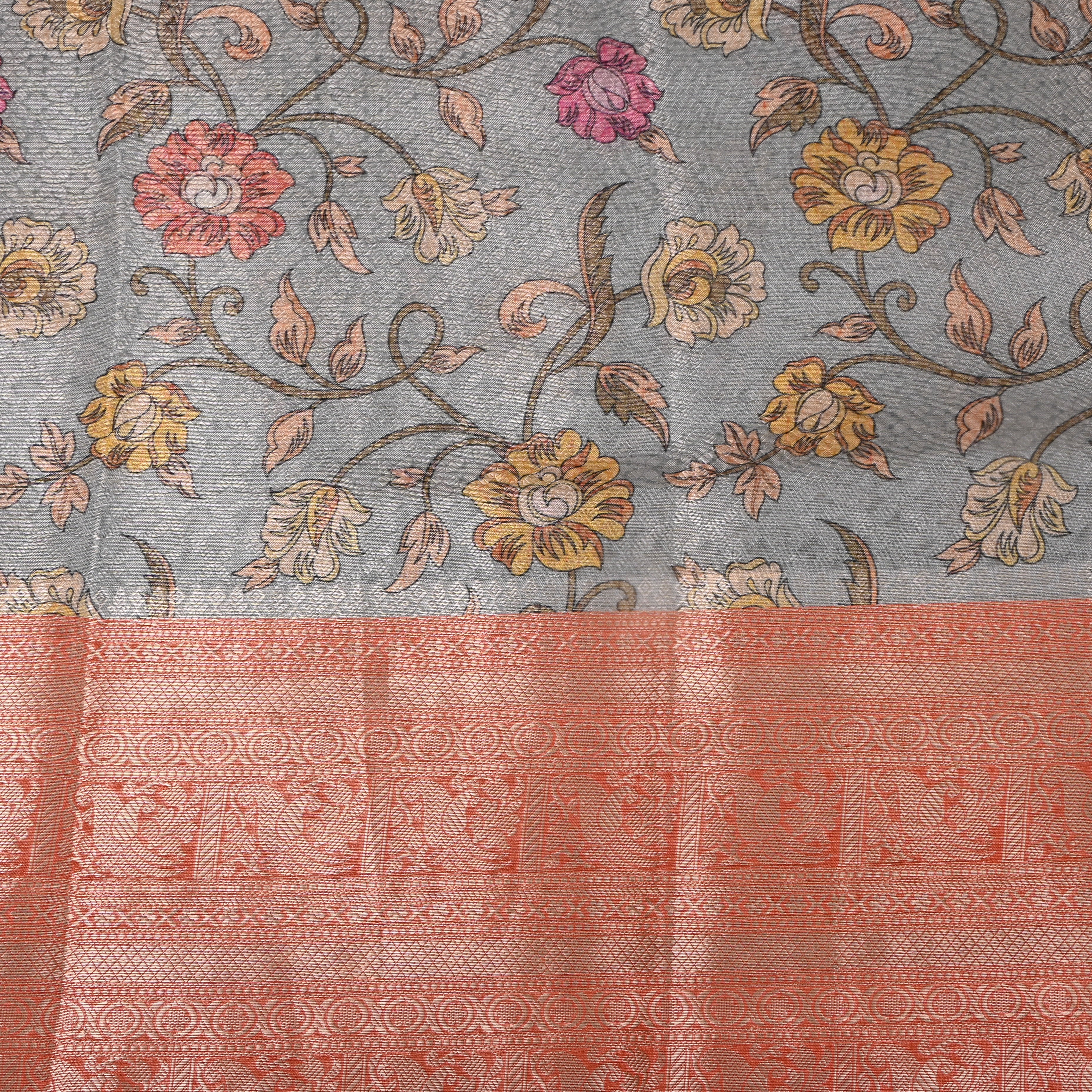 Grey Rust Floral Vine Digital Print Tissue Fabric
