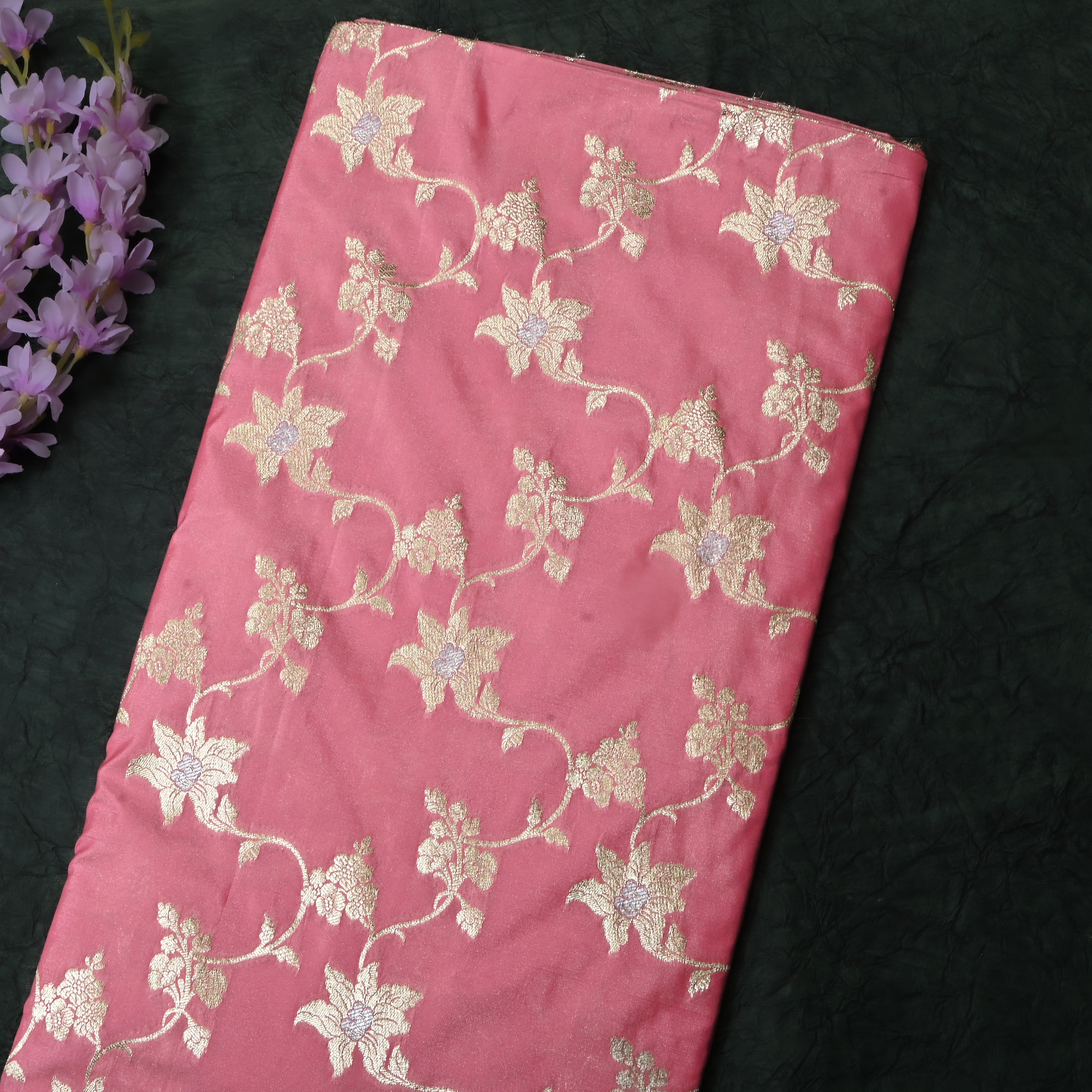 Flamingo Pink Floral Jamawar Silk Fabric