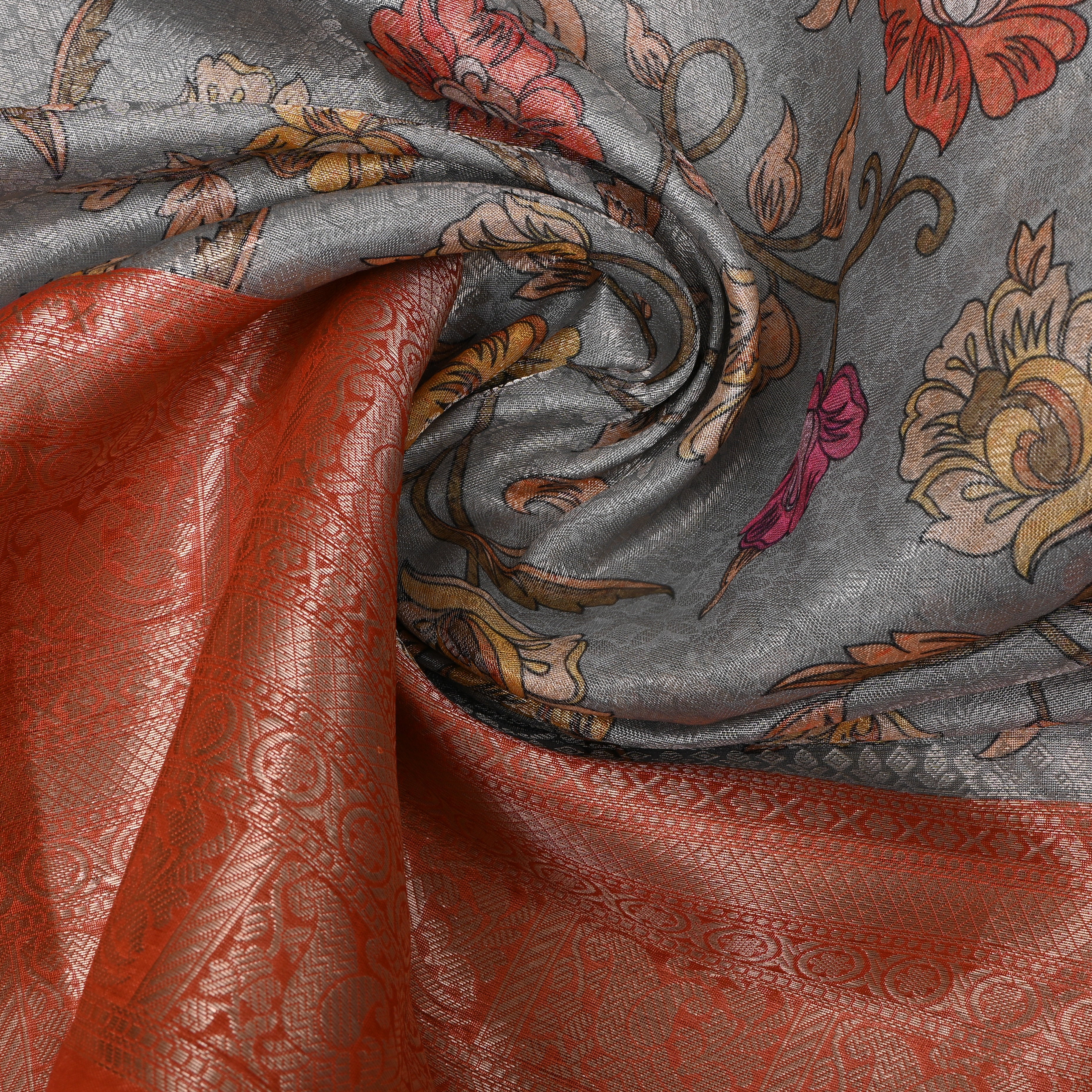 Grey Rust Floral Vine Digital Print Tissue Fabric