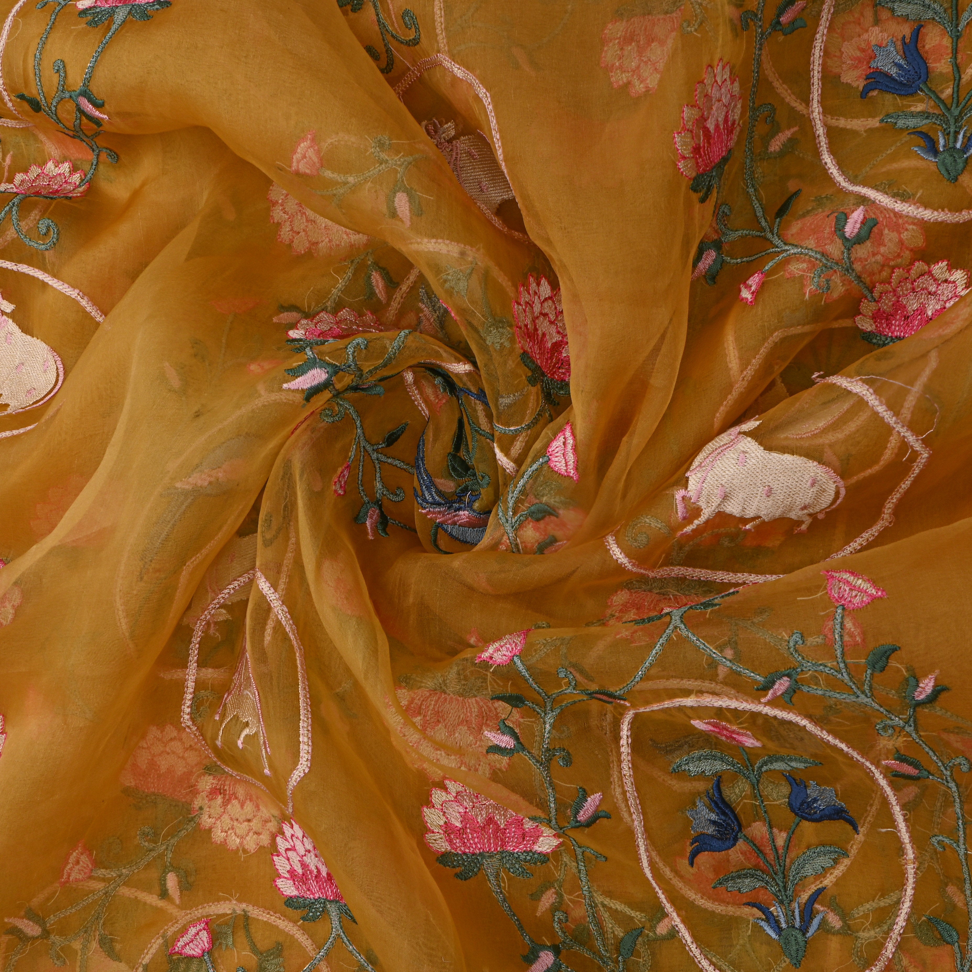 Bright Yellow Organza With Shikargah Thread Work