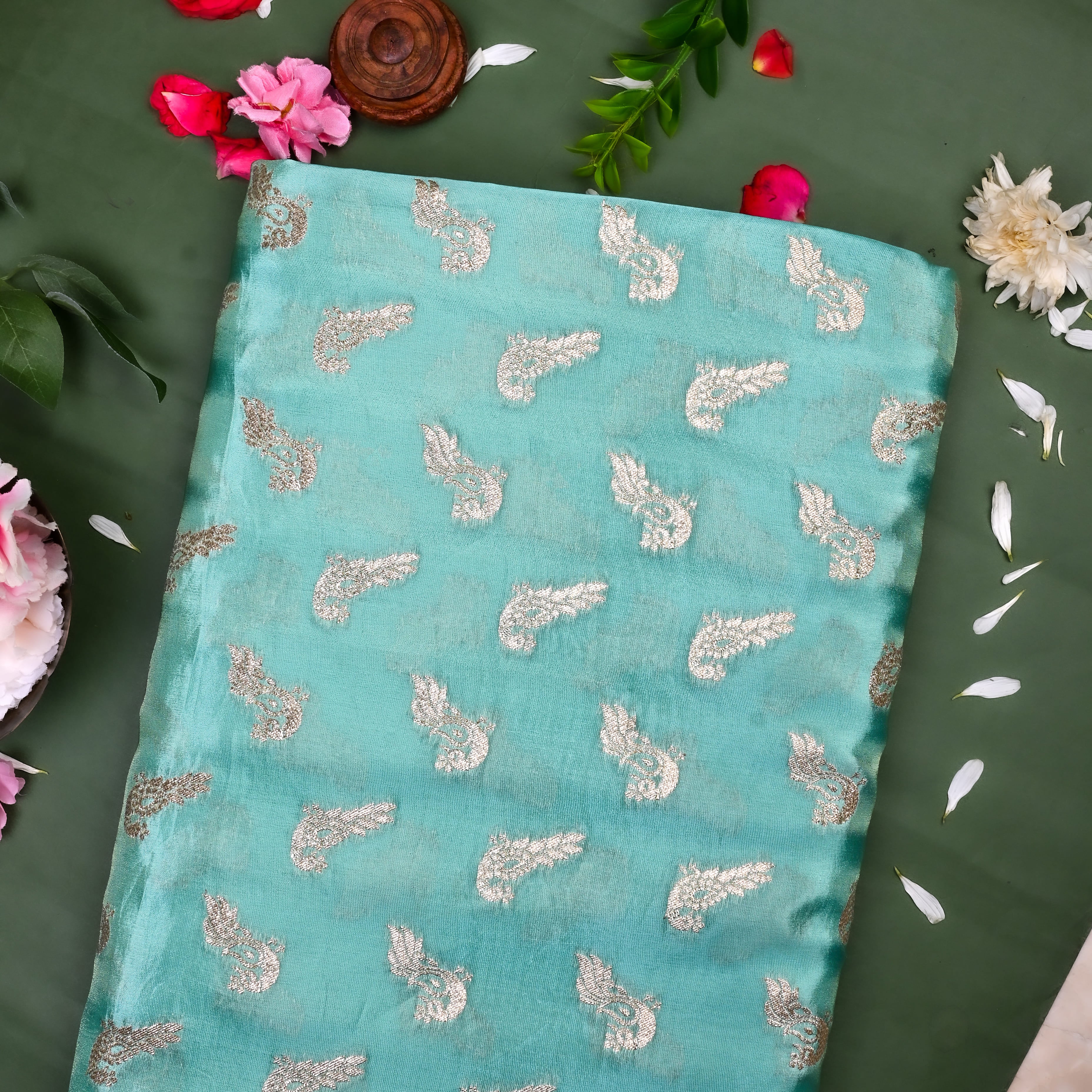 Celeste Blue Jamawar Tissue Fabric With Avian Weaving