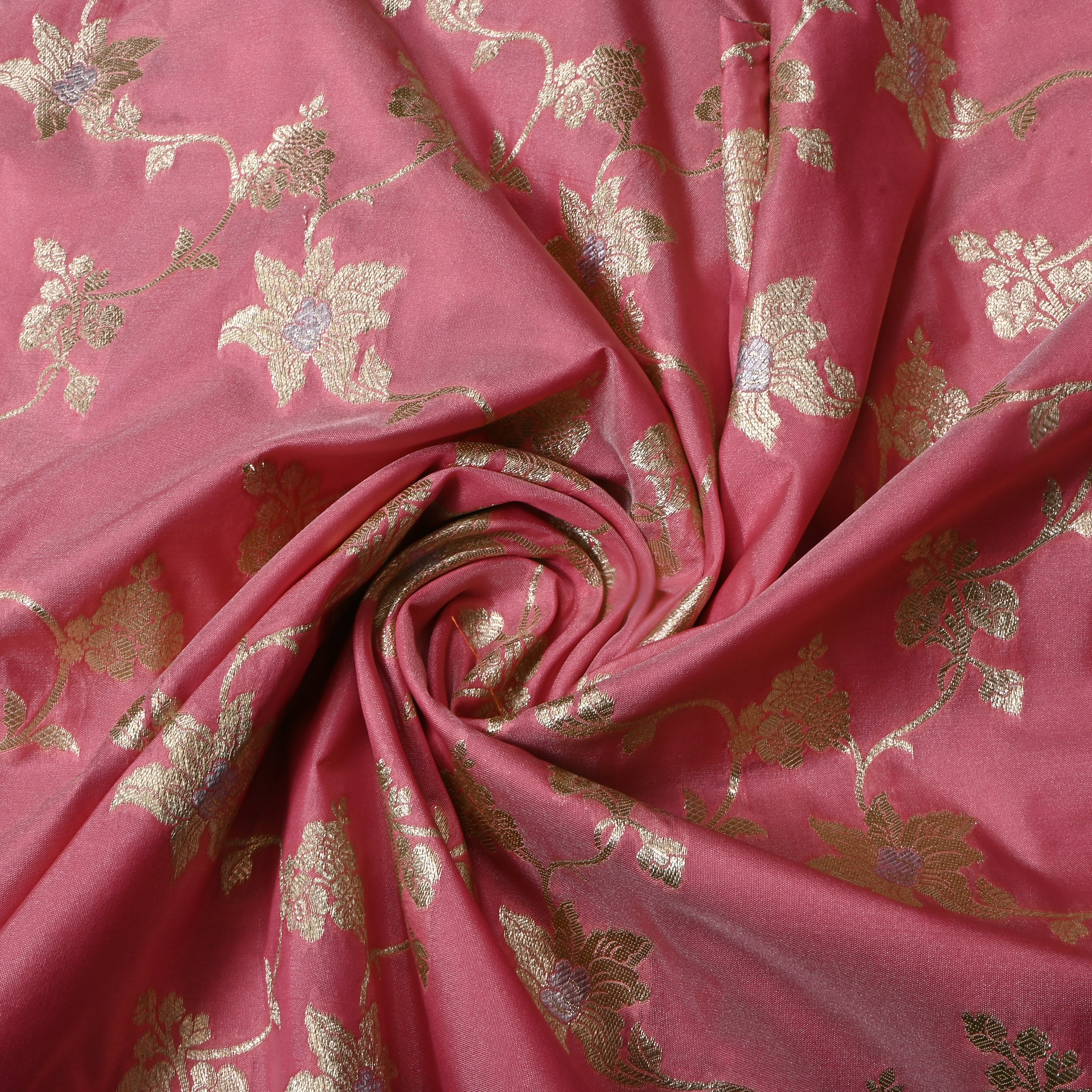 Flamingo Pink Floral Jamawar Silk Fabric