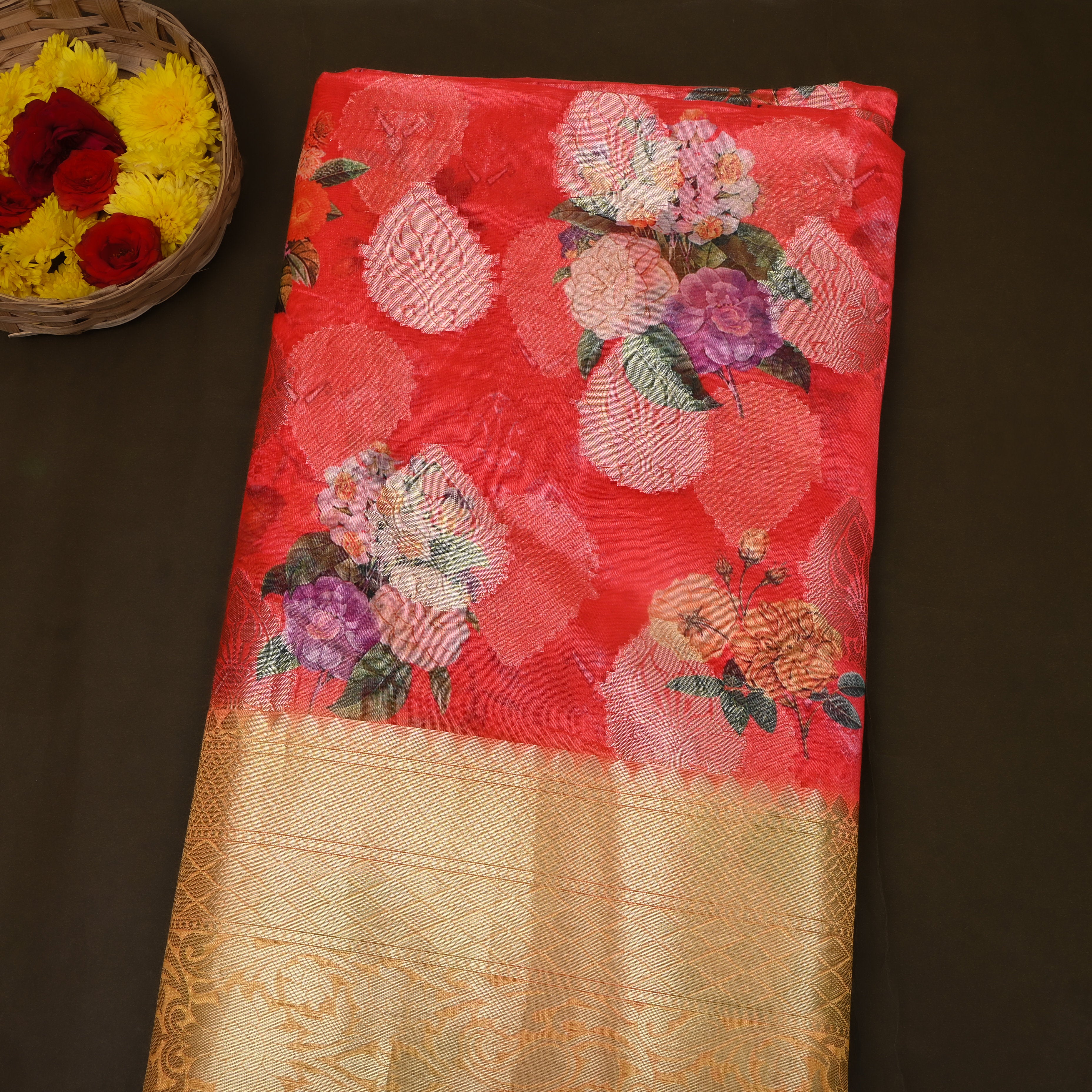 Scarlet Red Rose Print Fabric With Golden Woven Border