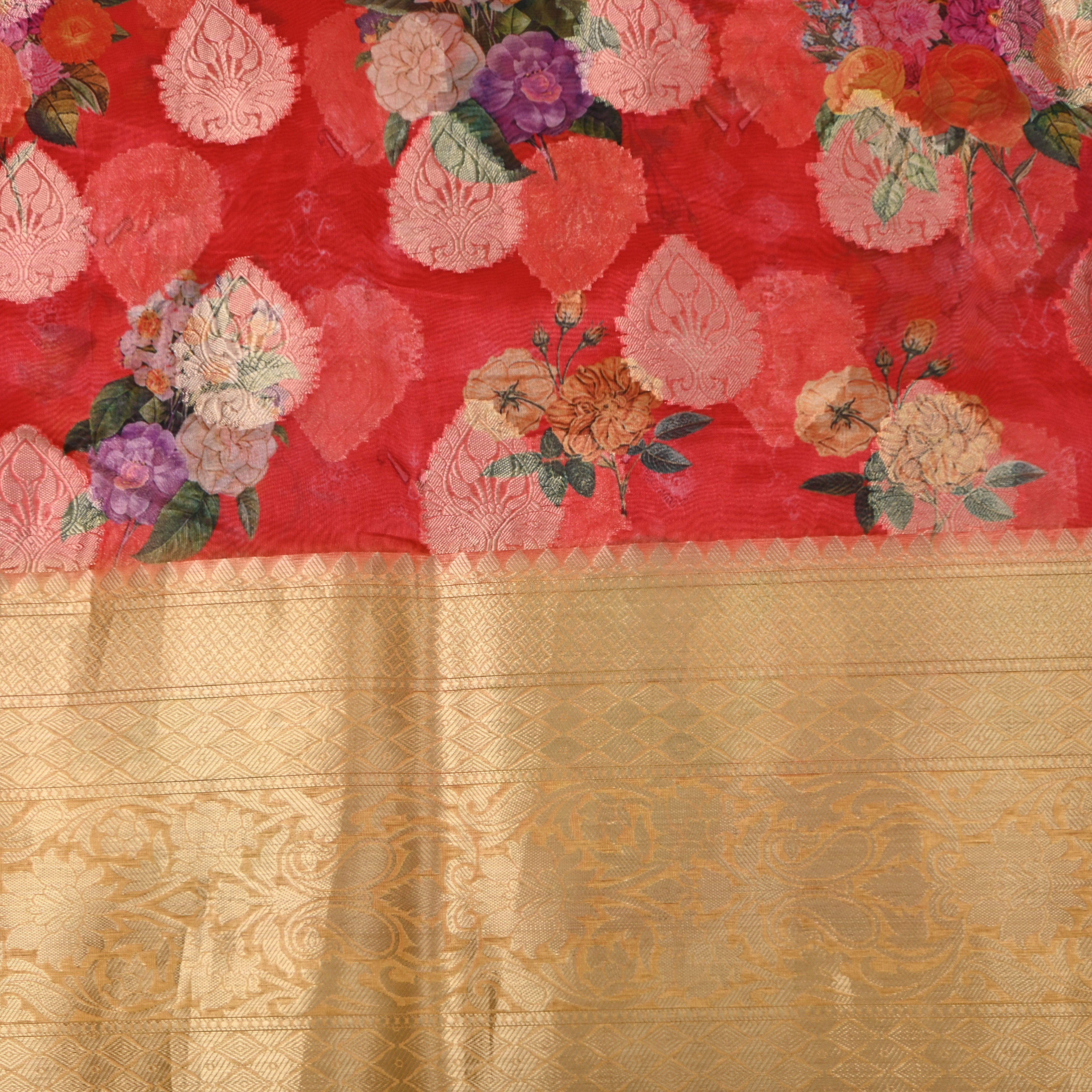 Scarlet Red Rose Print Fabric With Golden Woven Border