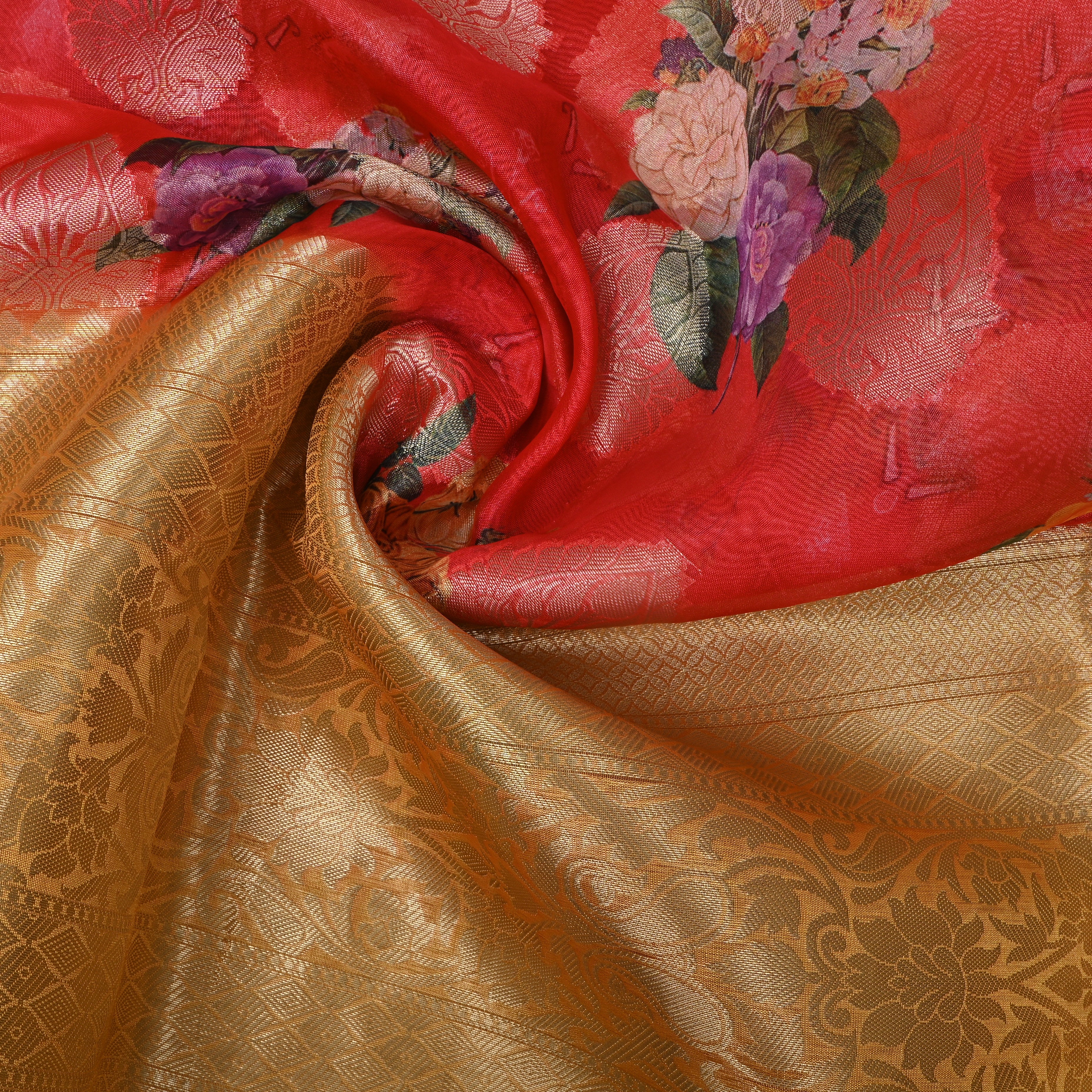 Scarlet Red Rose Print Fabric With Golden Woven Border