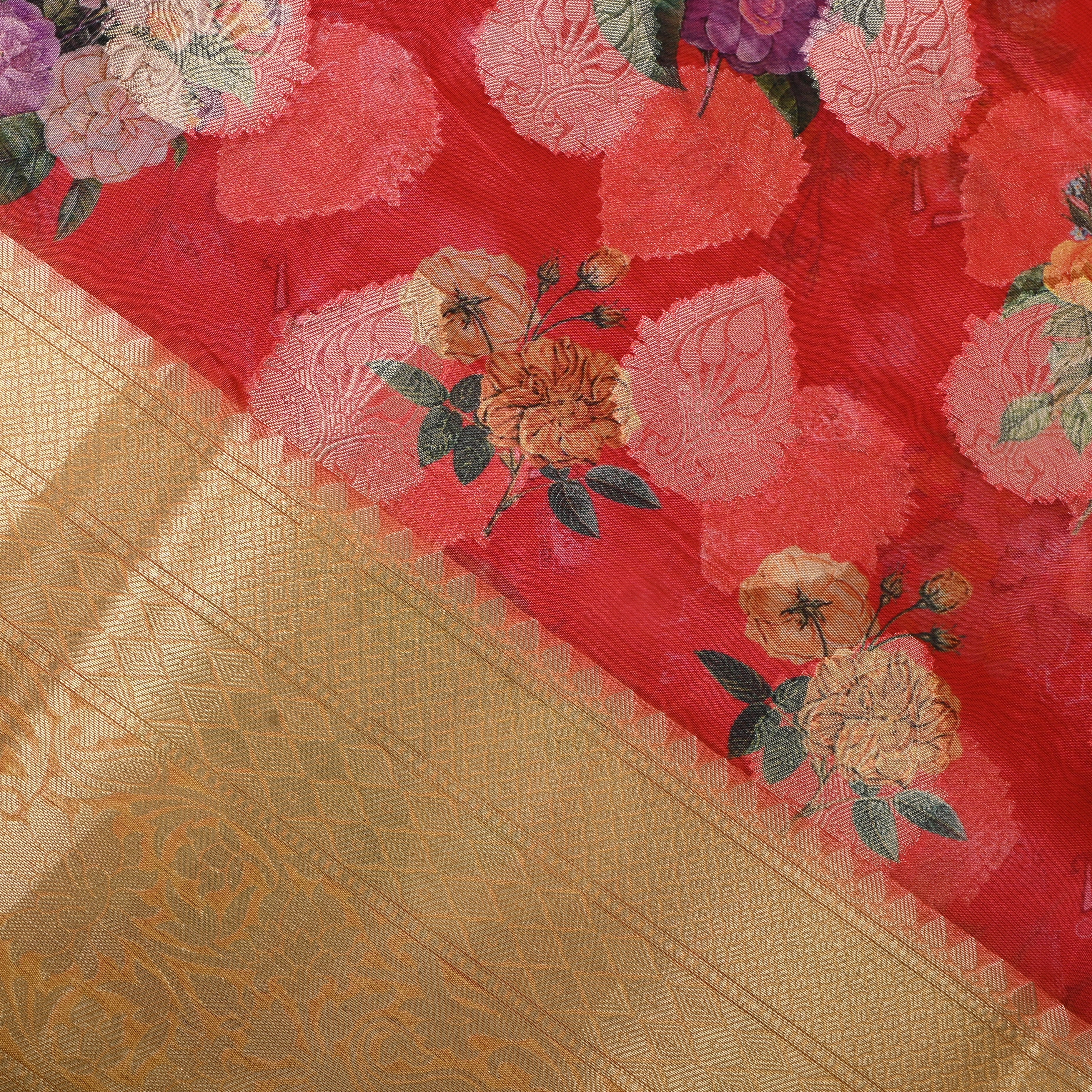 Scarlet Red Rose Print Fabric With Golden Woven Border