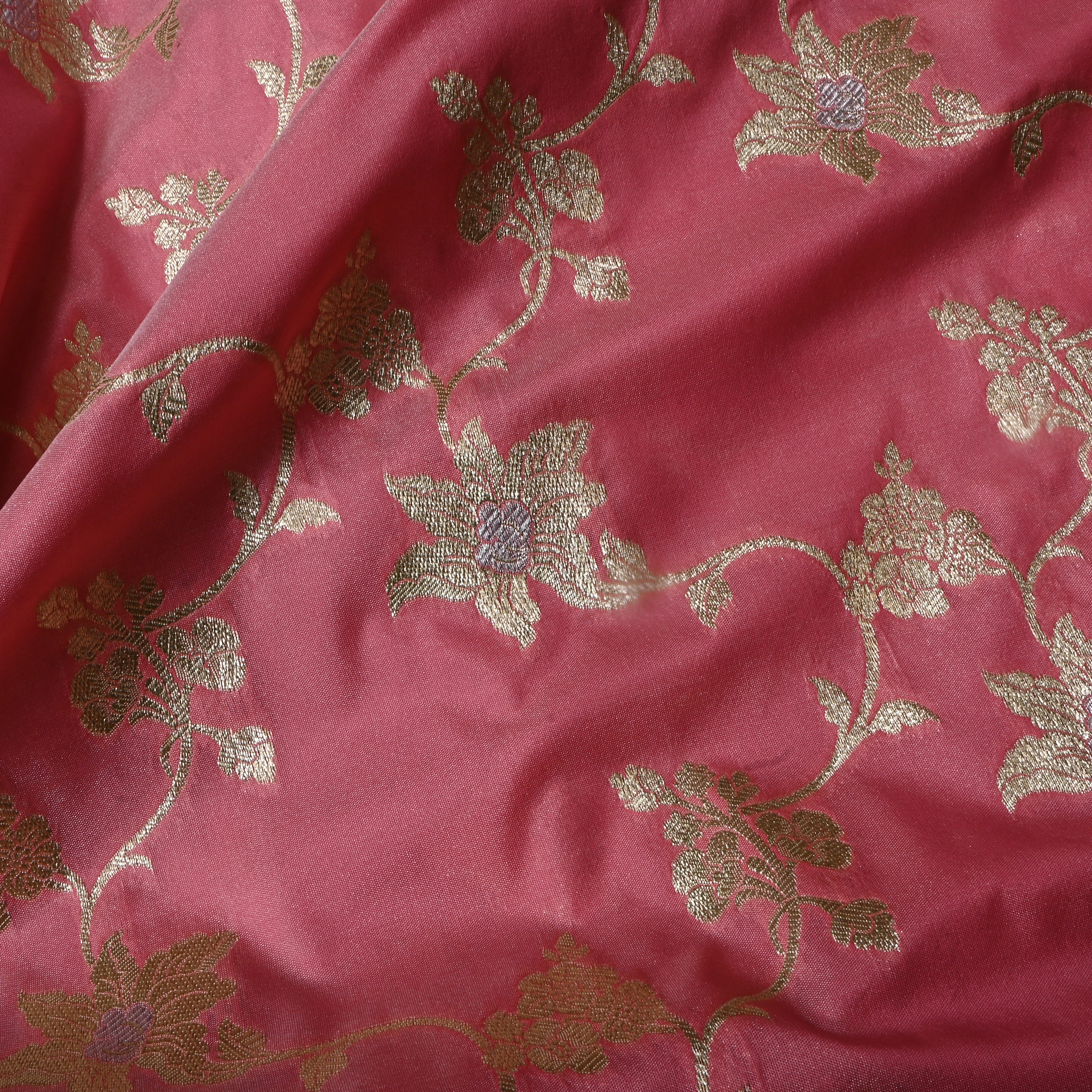Flamingo Pink Floral Jamawar Silk Fabric