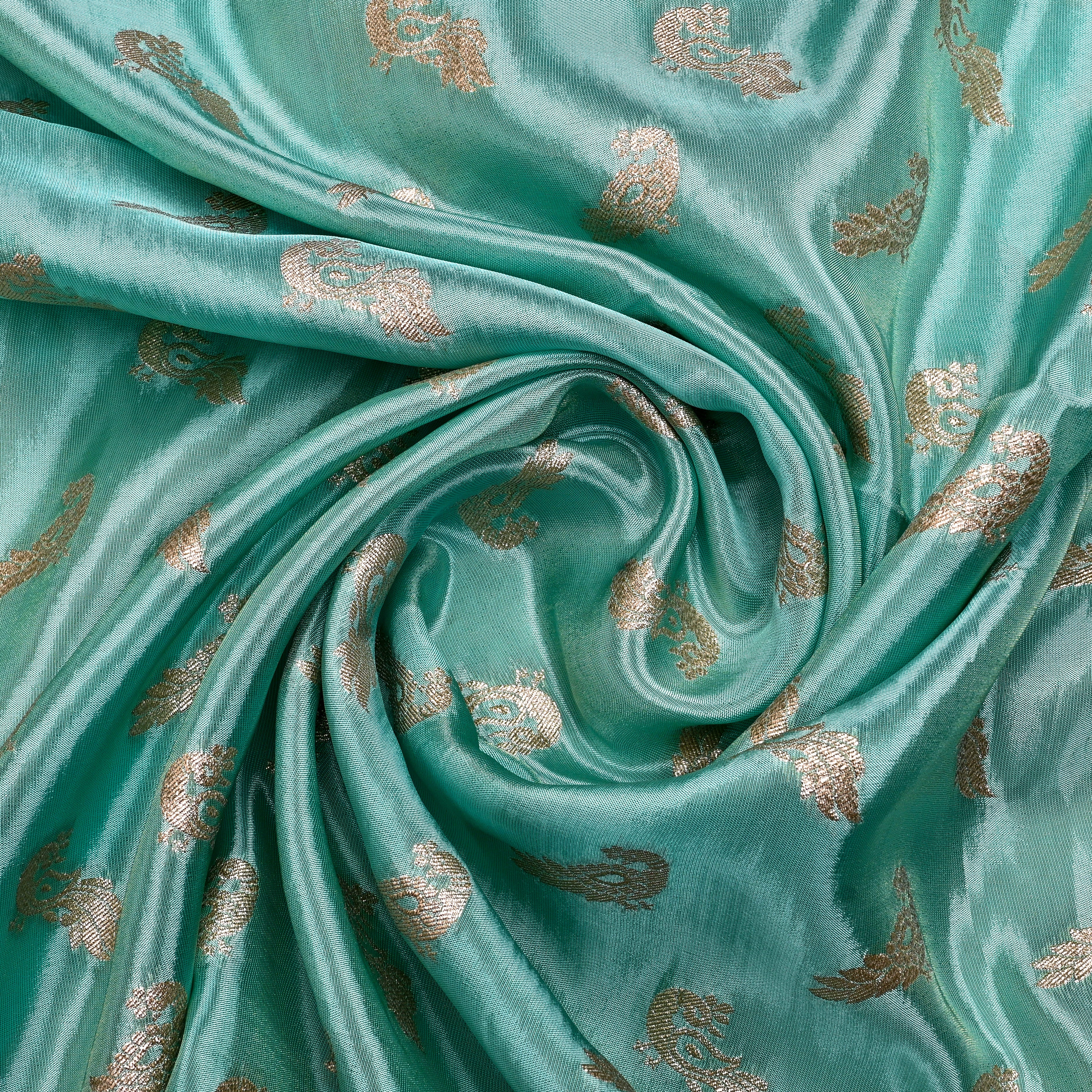 Celeste Blue Jamawar Tissue Fabric With Avian Weaving