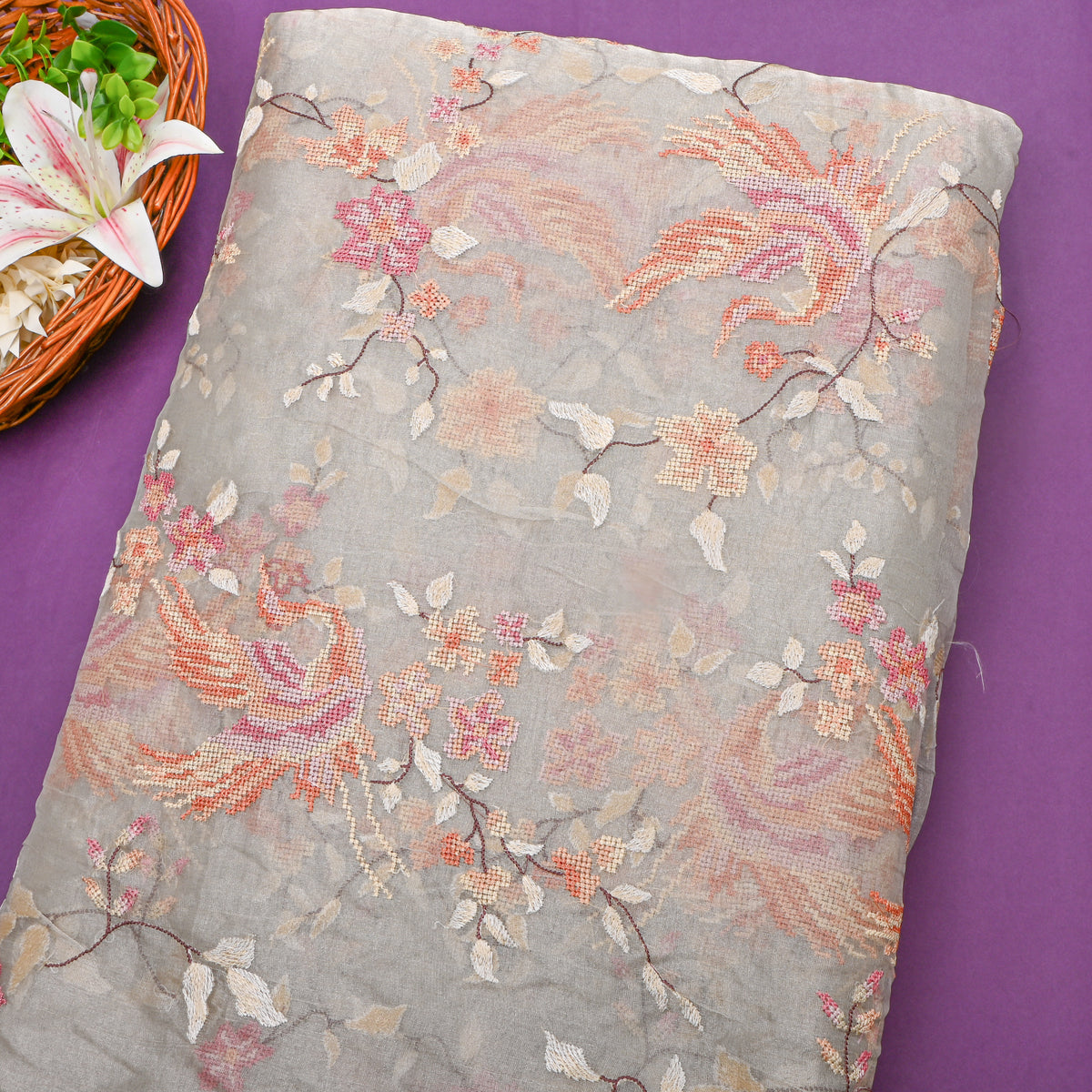 Gray Peach Phoenix Jaal Thread Work Tissue Fabric