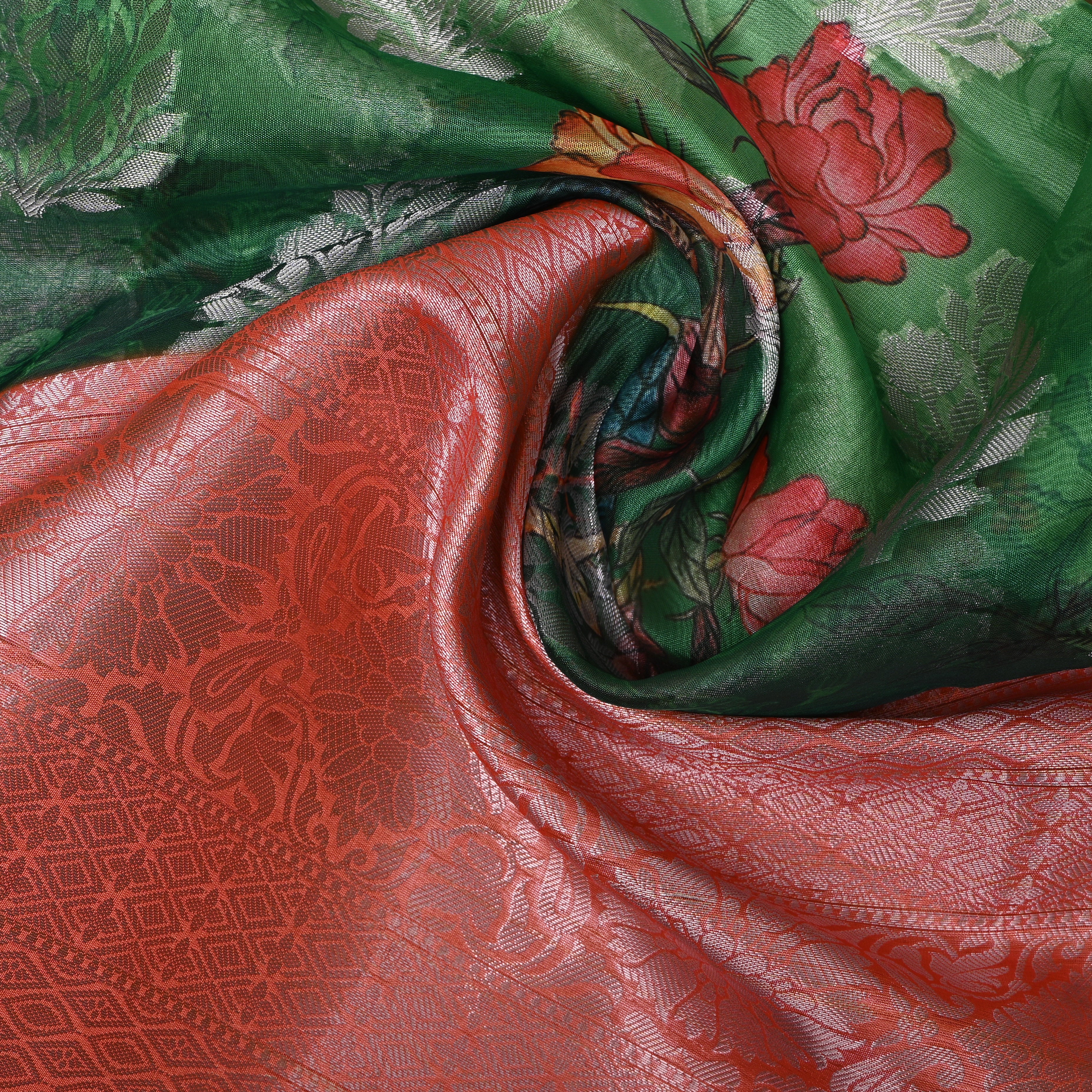 Emerald Coral Floral Print Fabric With Woven Border