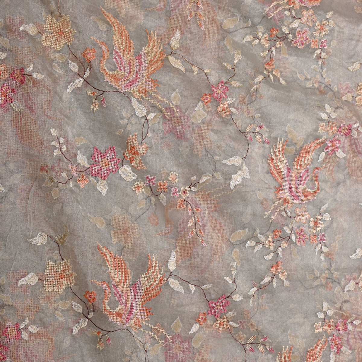 Gray Peach Phoenix Jaal Thread Work Tissue Fabric
