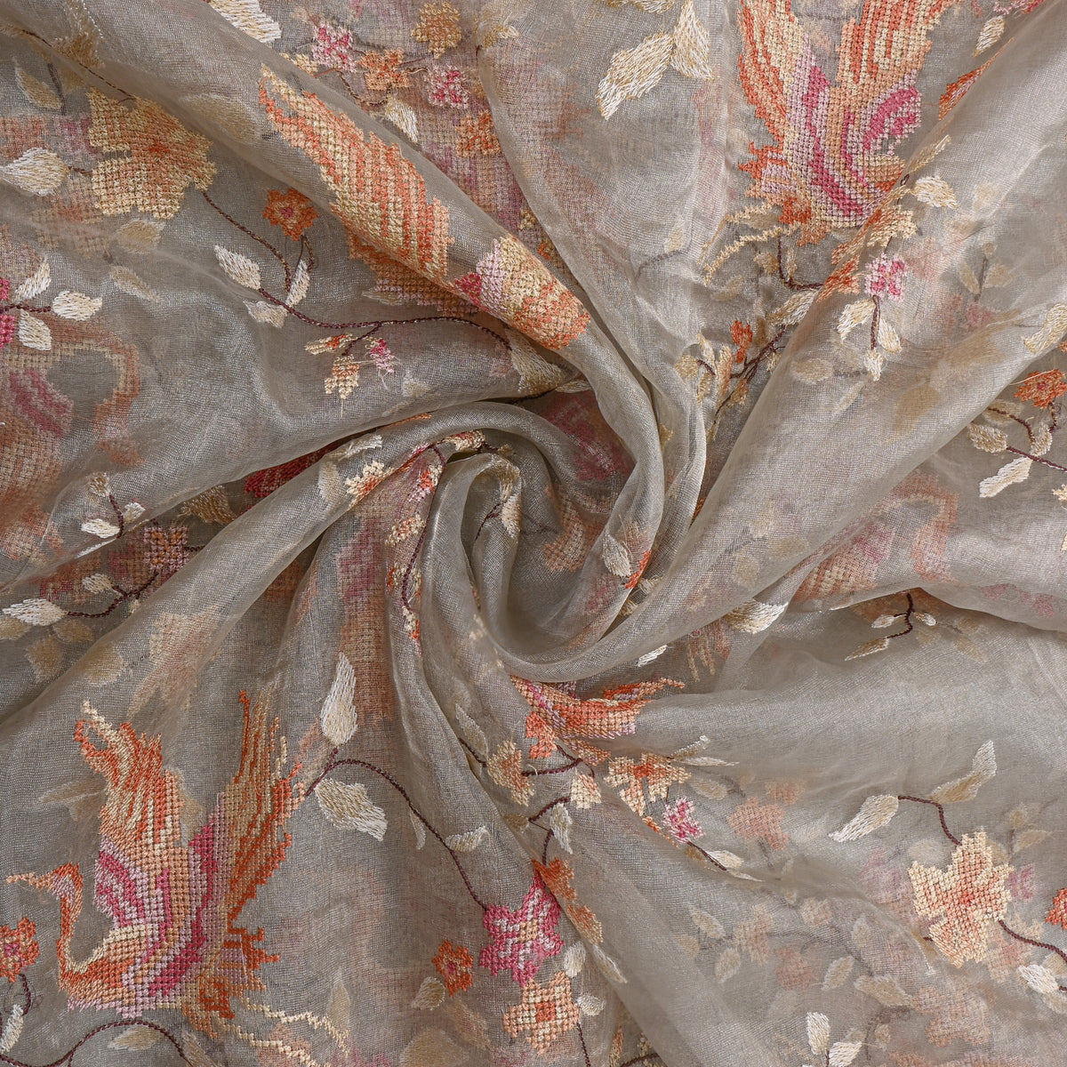 Gray Peach Phoenix Jaal Thread Work Tissue Fabric