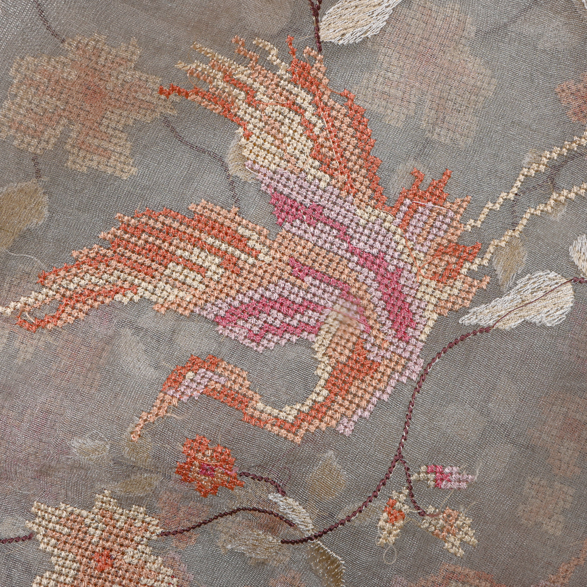 Gray Peach Phoenix Jaal Thread Work Tissue Fabric