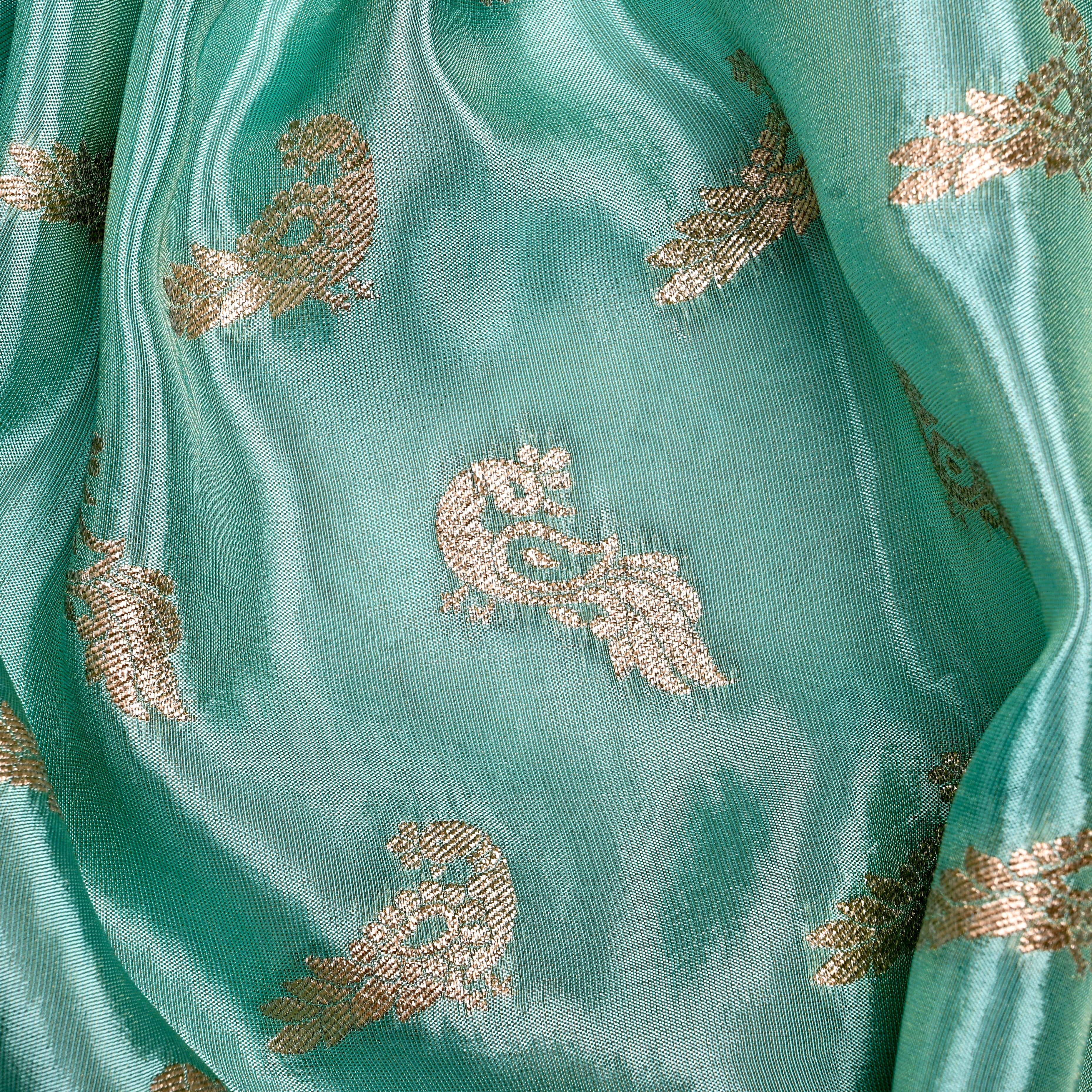 Celeste Blue Jamawar Tissue Fabric With Avian Weaving