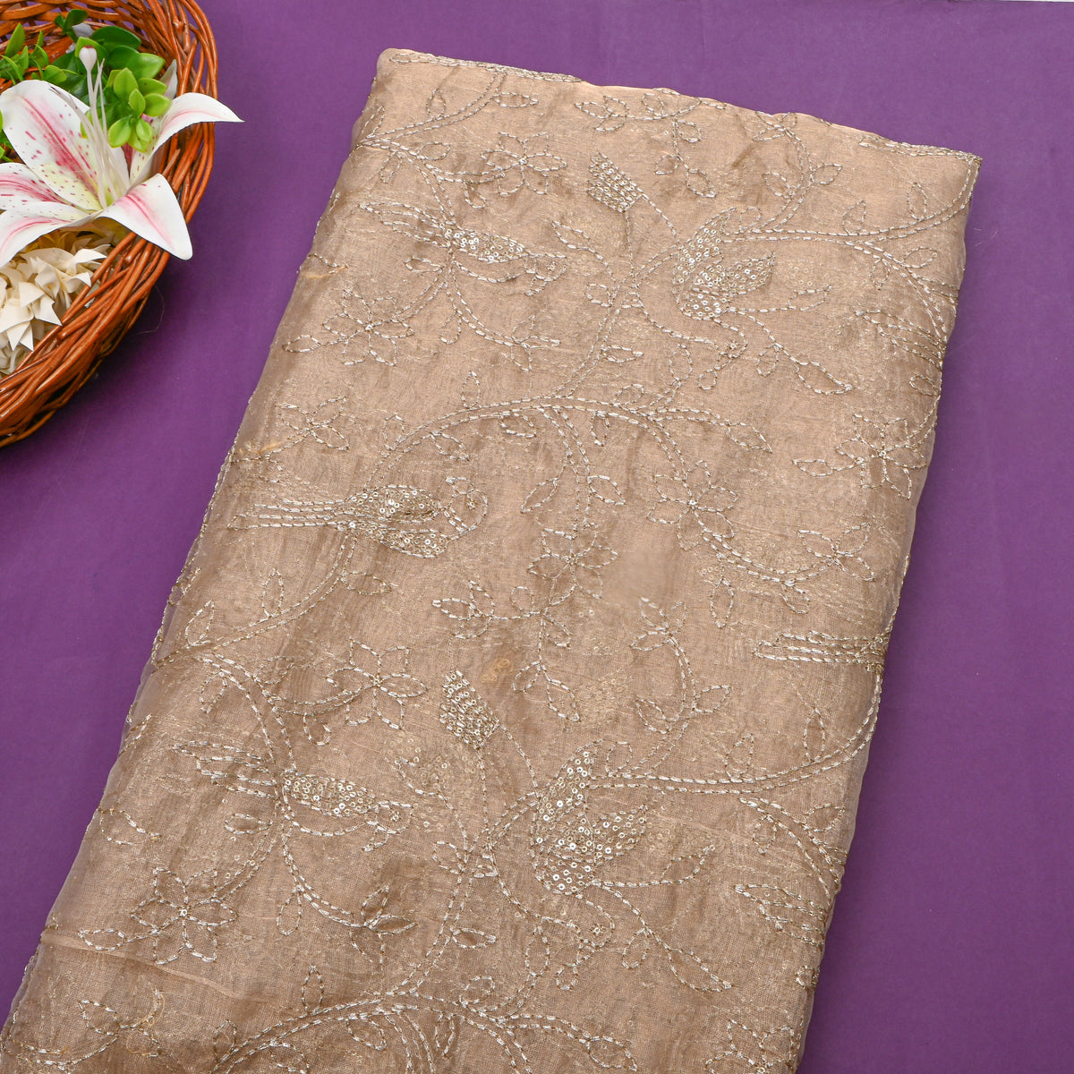 Light Brown Gold Zari Bird Jaal Tissue Fabric