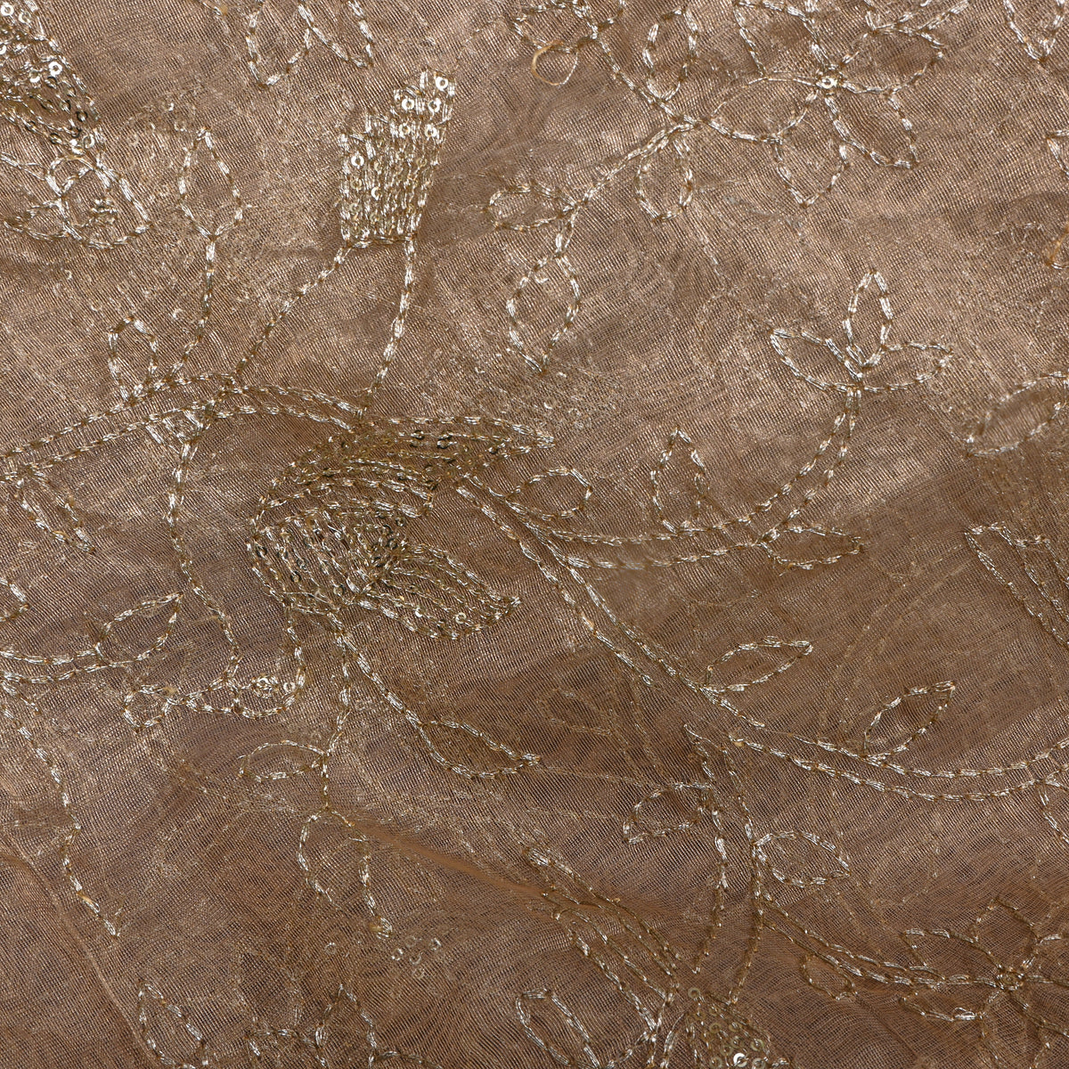 Light Brown Gold Zari Bird Jaal Tissue Fabric