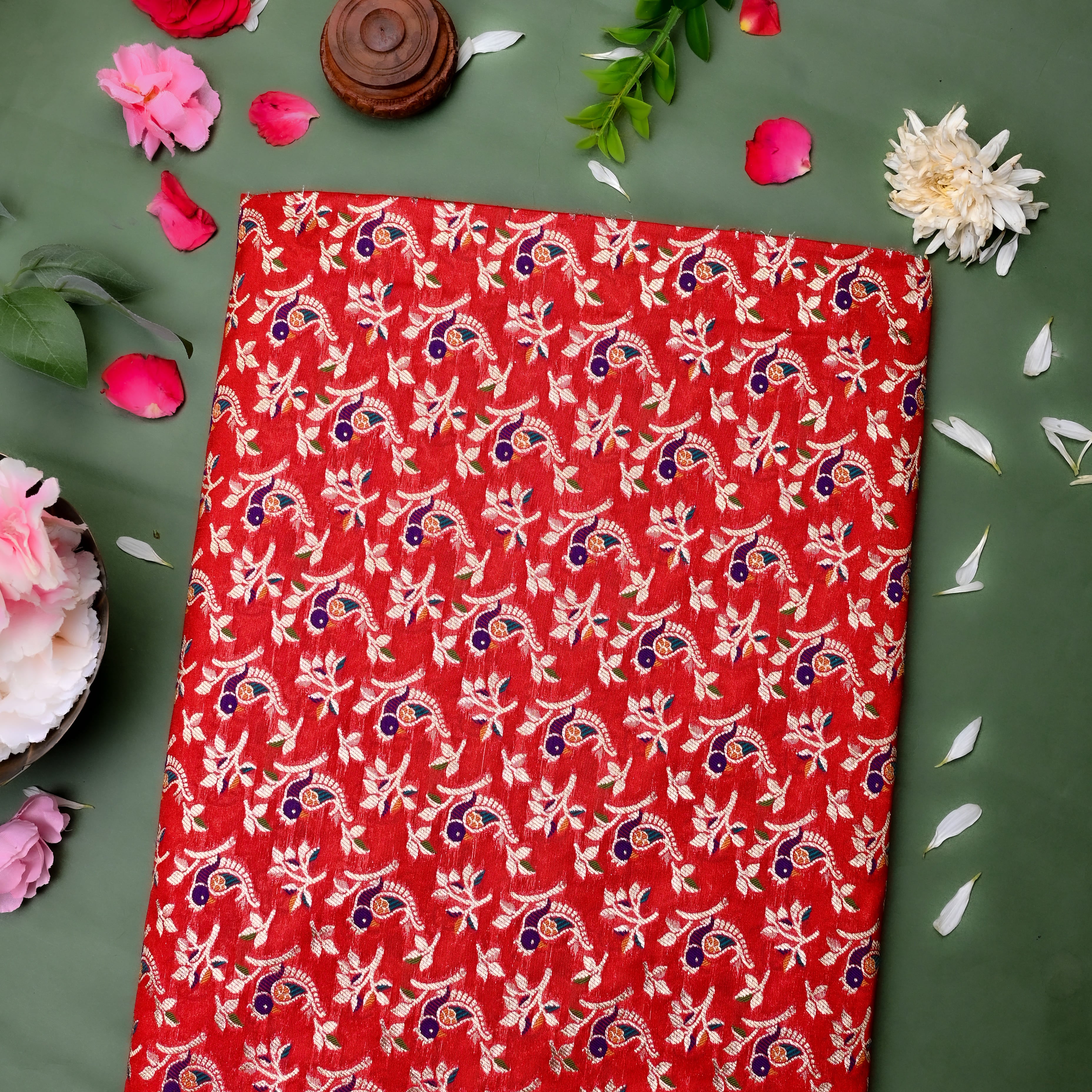 Orange Banaras Fabric With Avian Pattern
