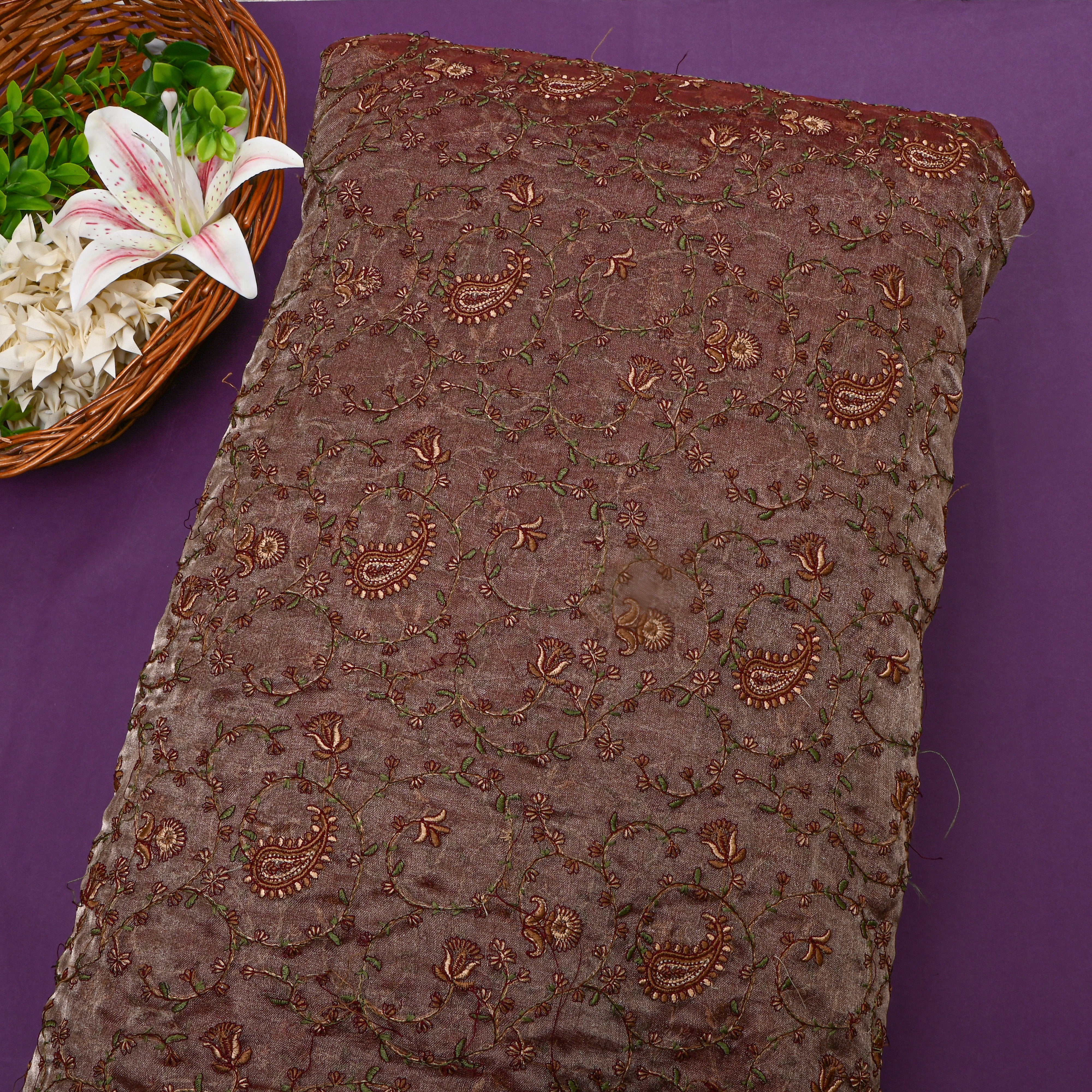 Brown Floral Thread Work Embroidery Tissue Fabric