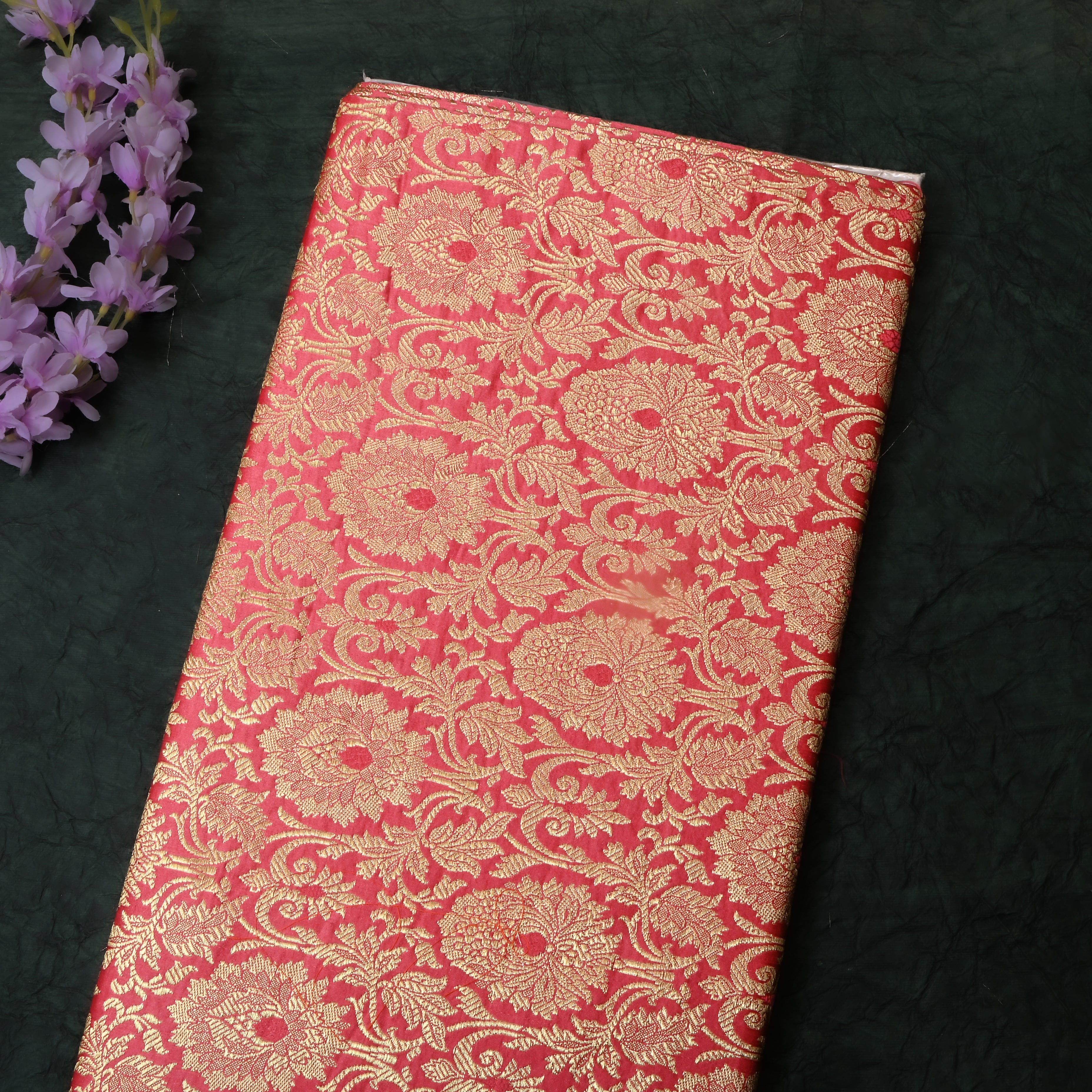 Deep Pink Floral Jamawar Satin Fabric