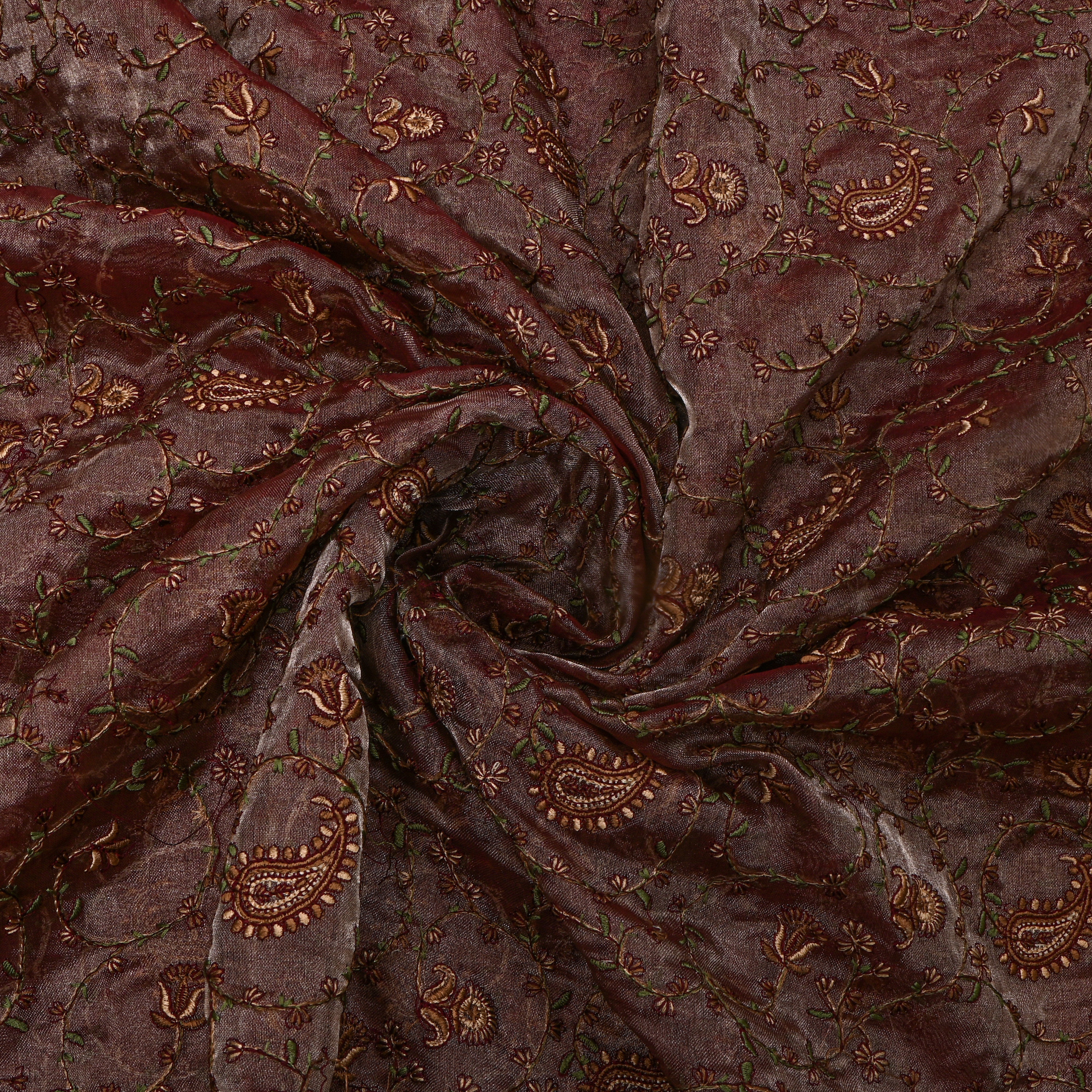 Brown Floral Thread Work Embroidery Tissue Fabric