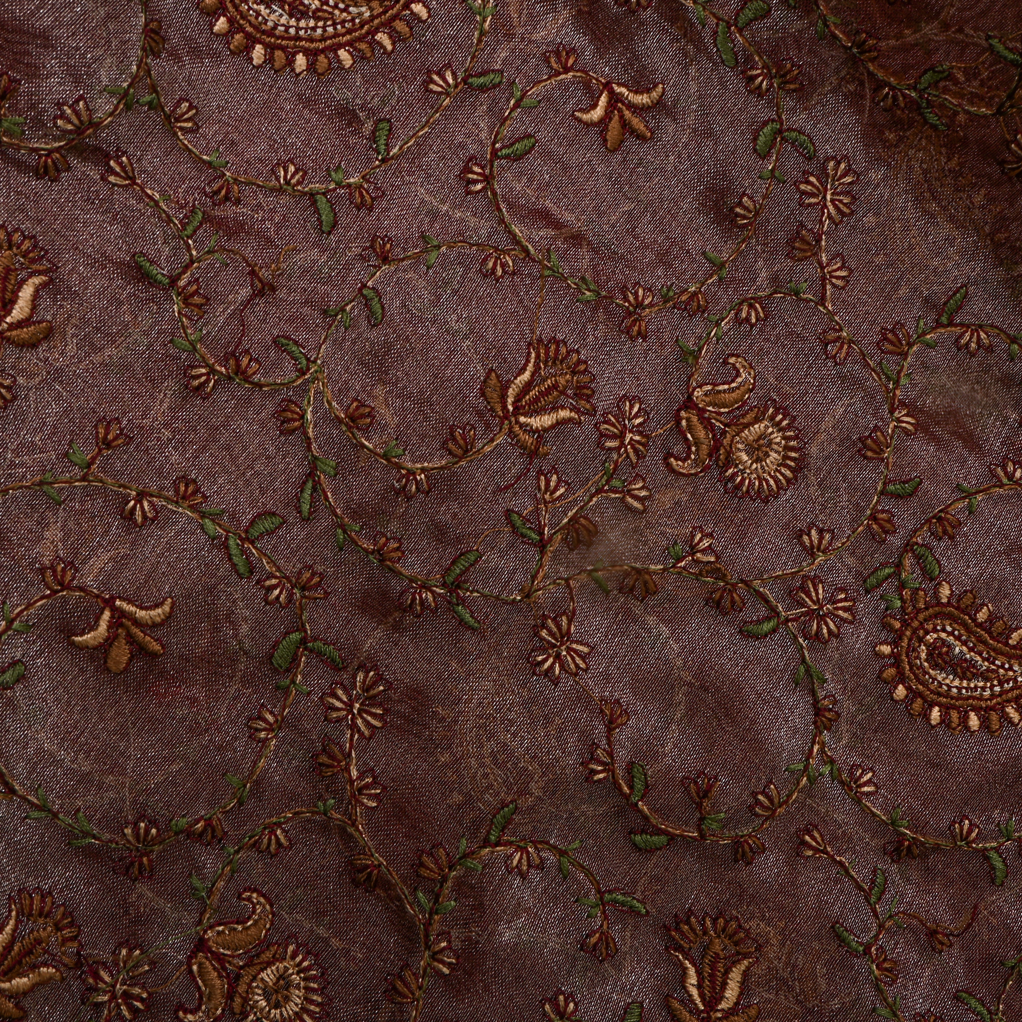 Brown Floral Thread Work Embroidery Tissue Fabric