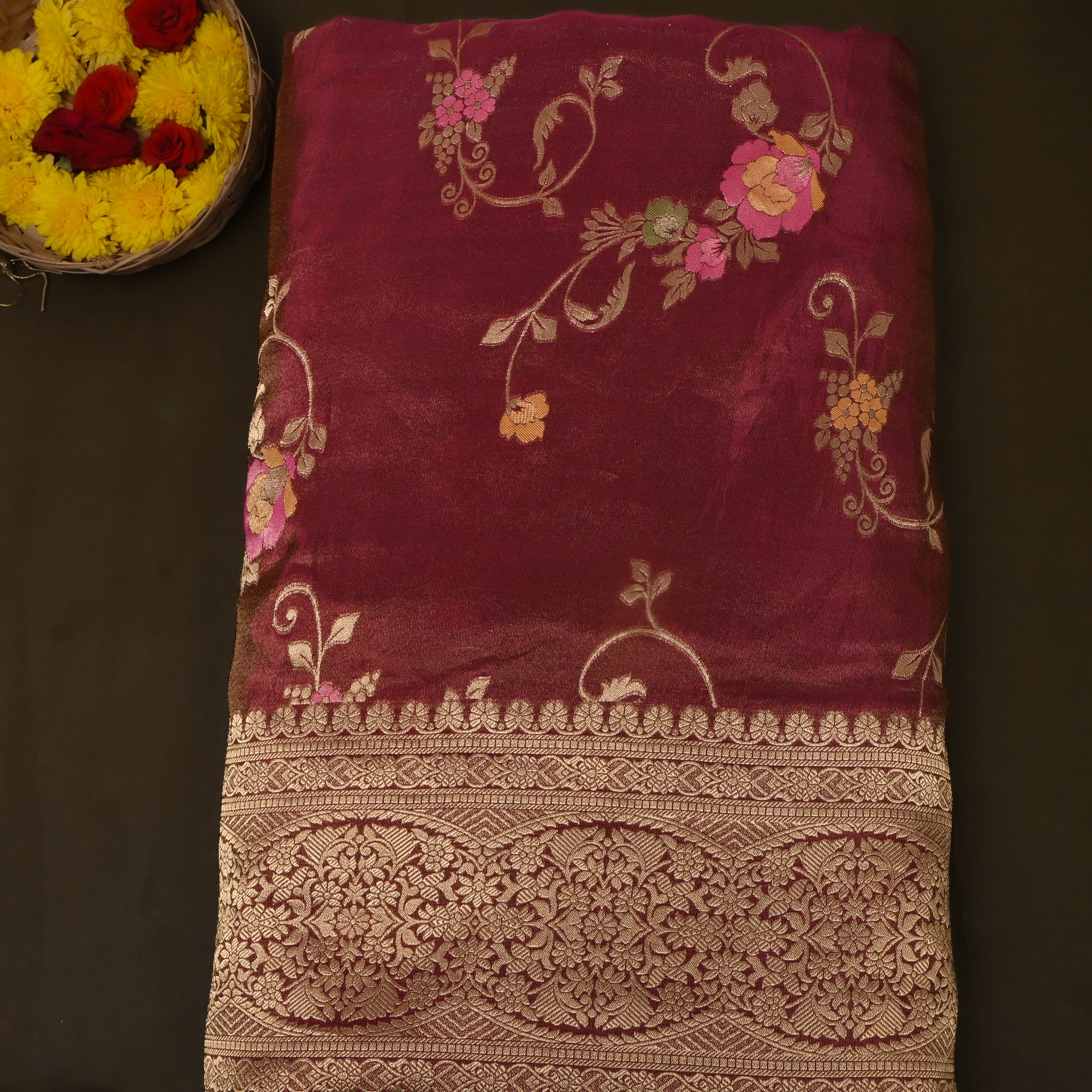 Deep Maroon Floral Vine Jamawar Tissue