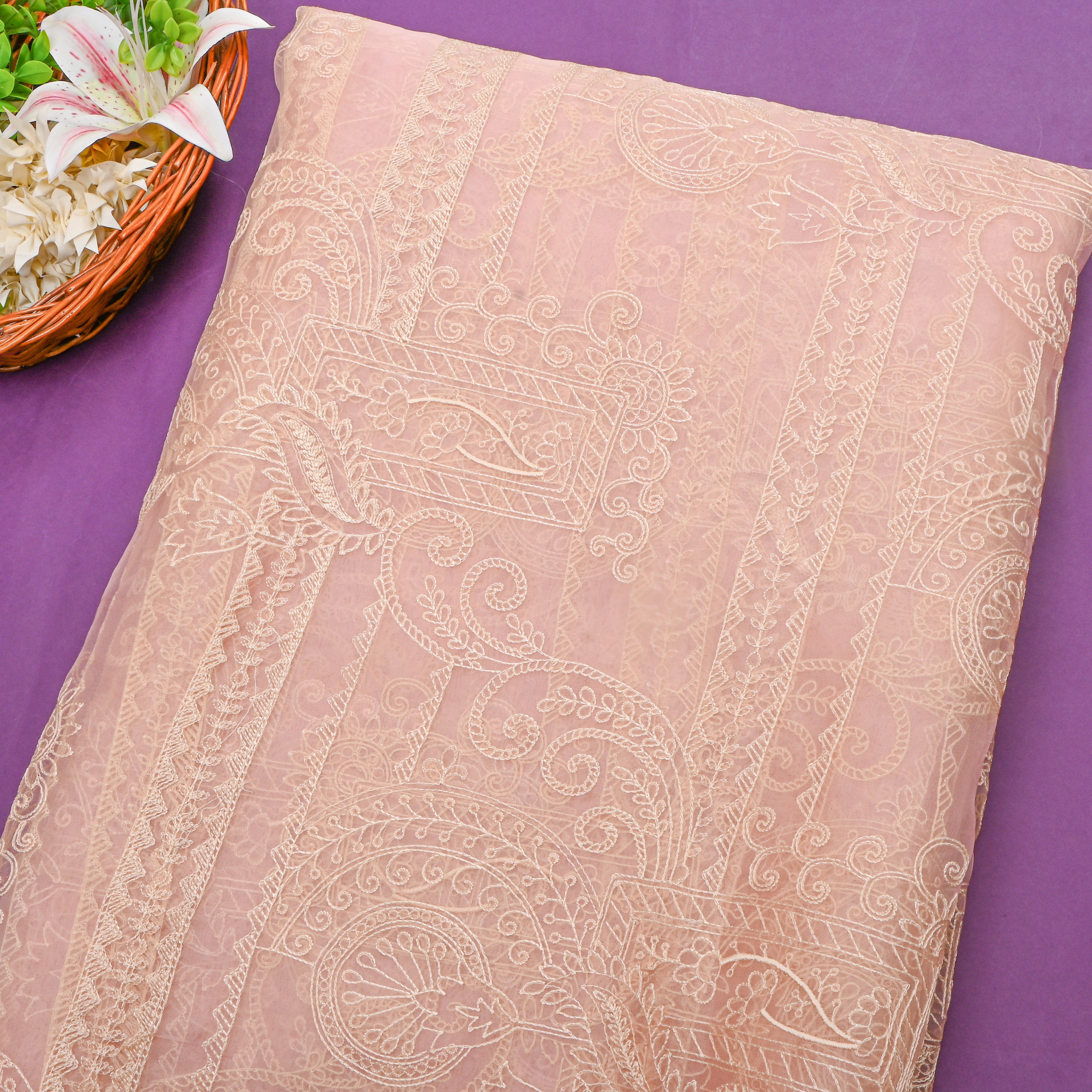 Light Peach Embroidery Oraganza Fabric