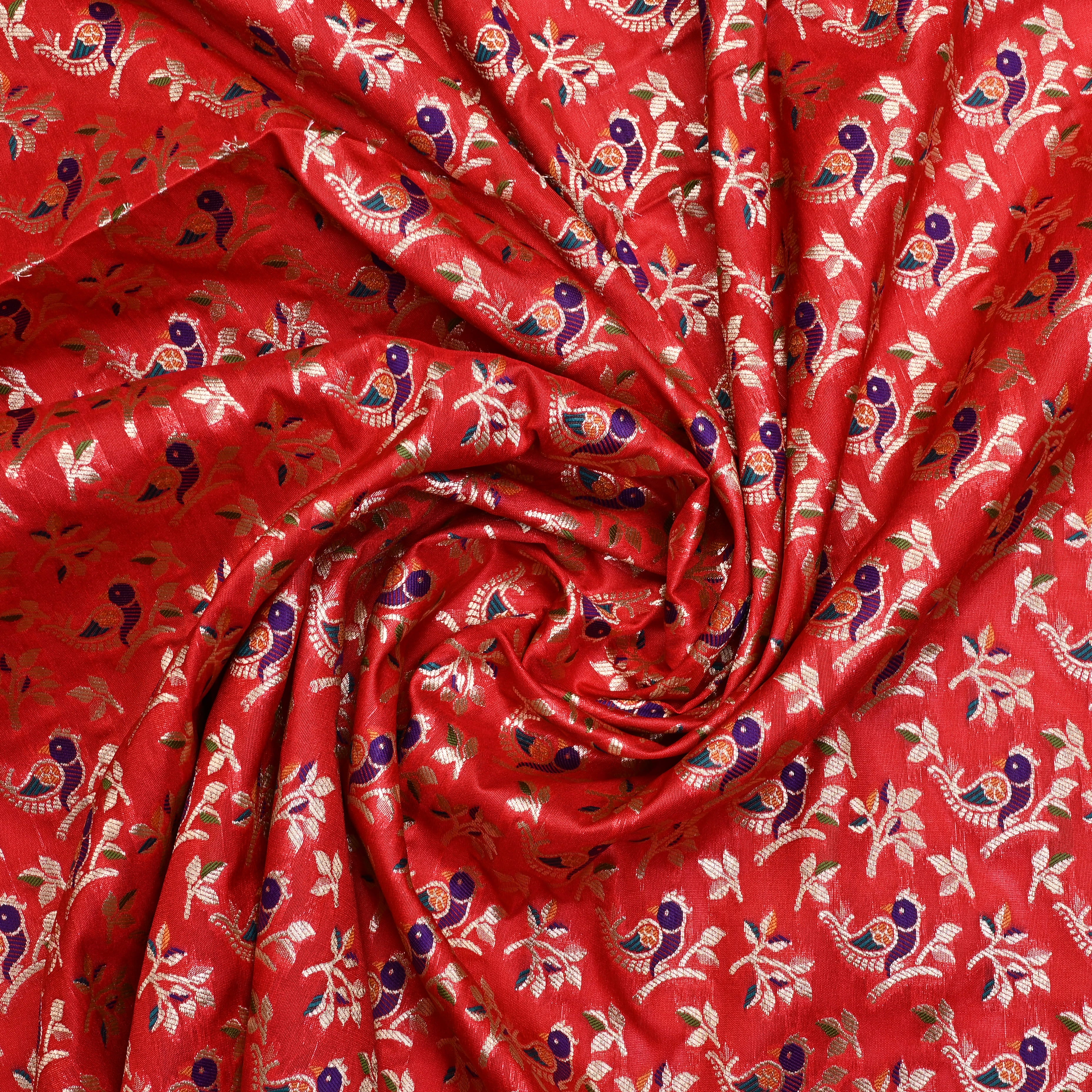 Orange Banaras Fabric With Avian Pattern