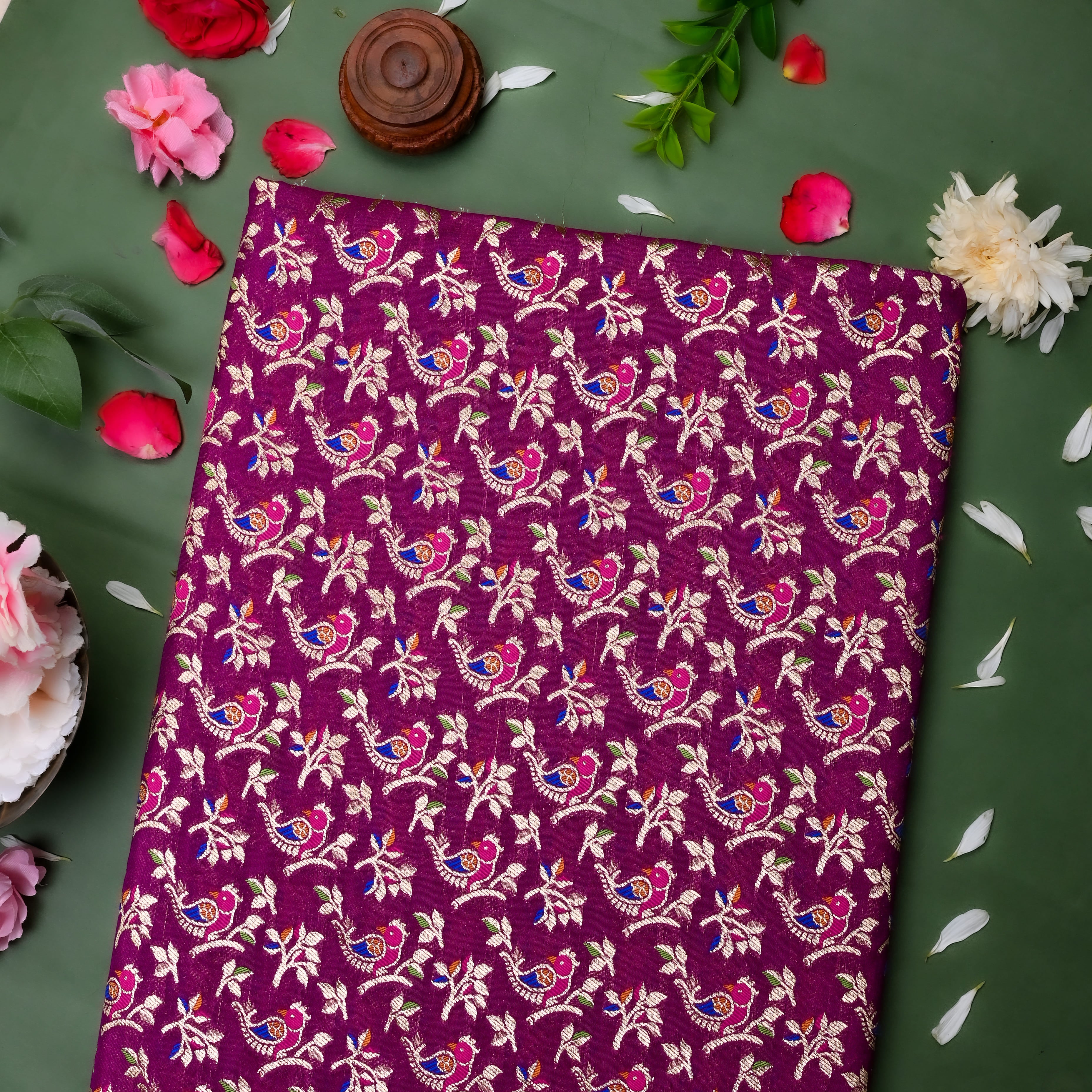 Magenta Purple Banaras Fabric With Avian Pattern