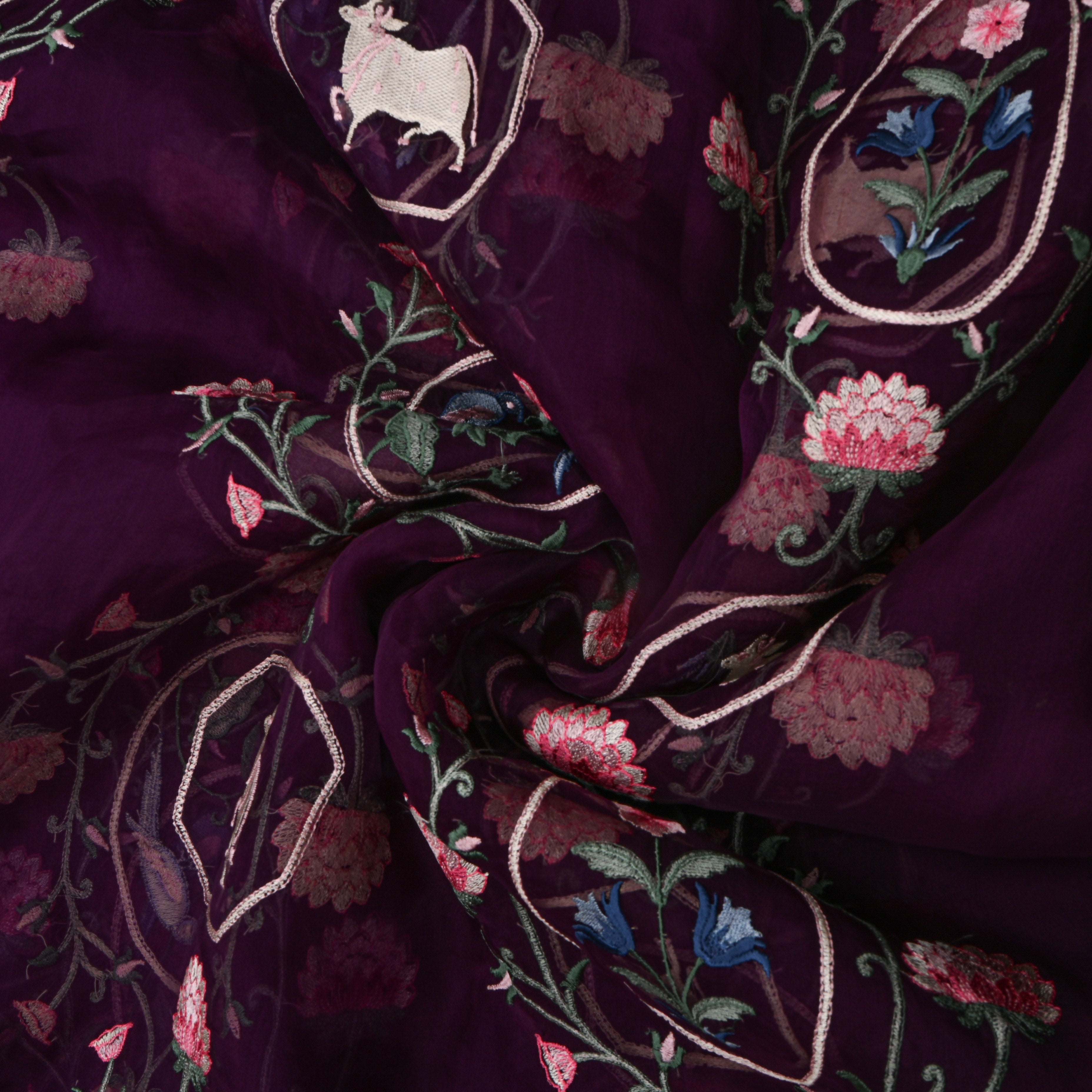 Dark Purple Organza With Shikargah Thread Work