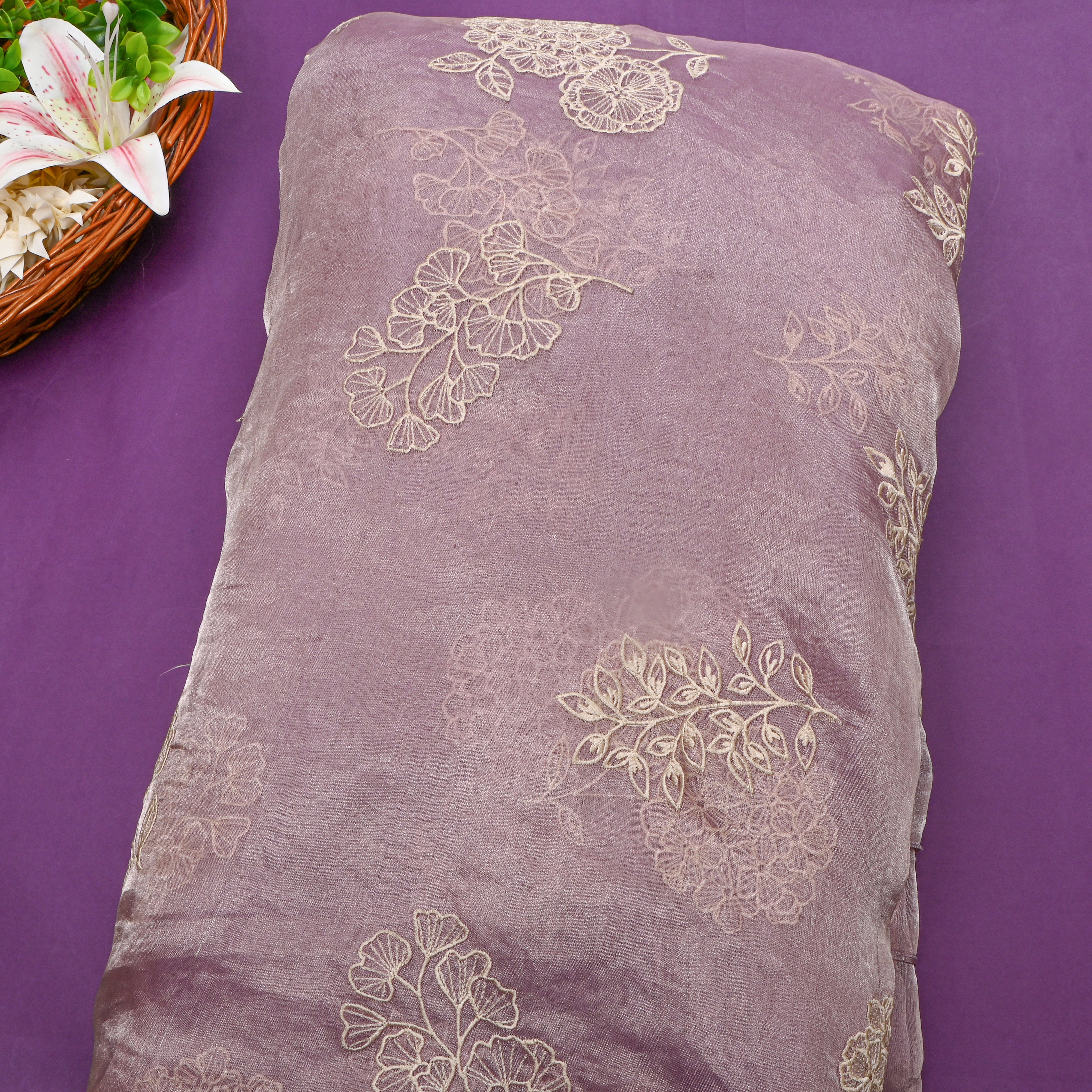 Purple Floral Thread Work Embroider Tissue Fabric