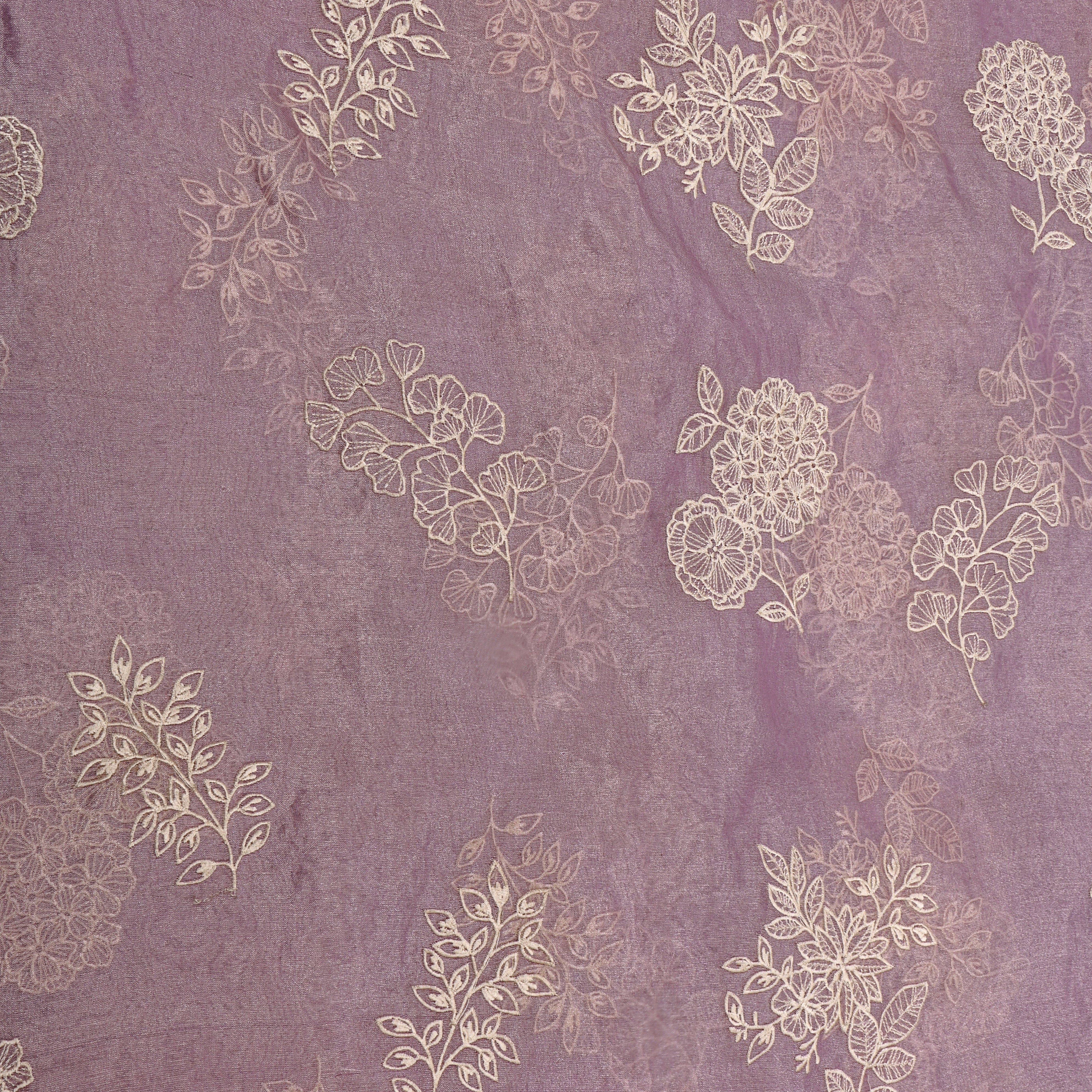 Purple Floral Thread Work Embroider Tissue Fabric