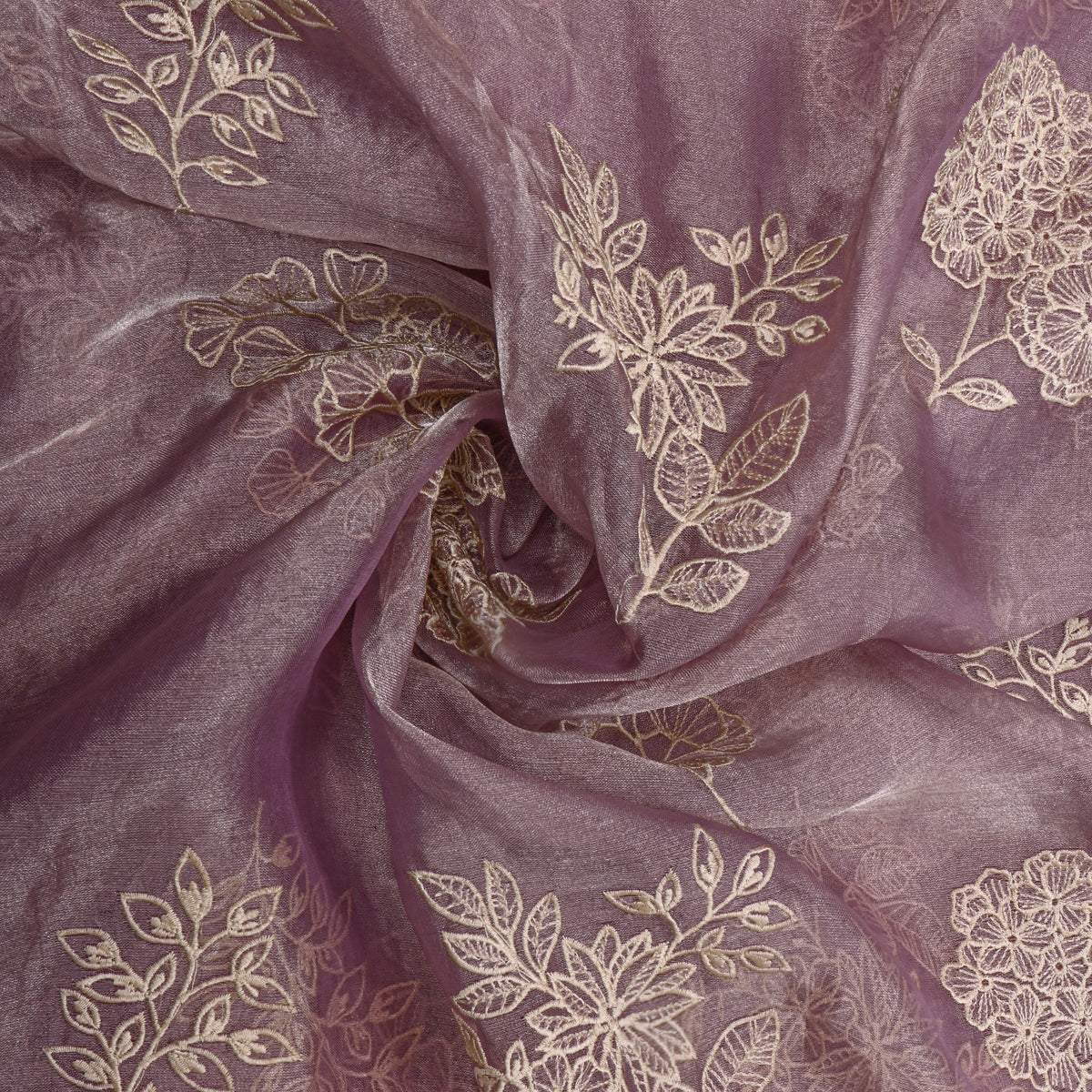 Purple Floral Thread Work Embroider Tissue Fabric