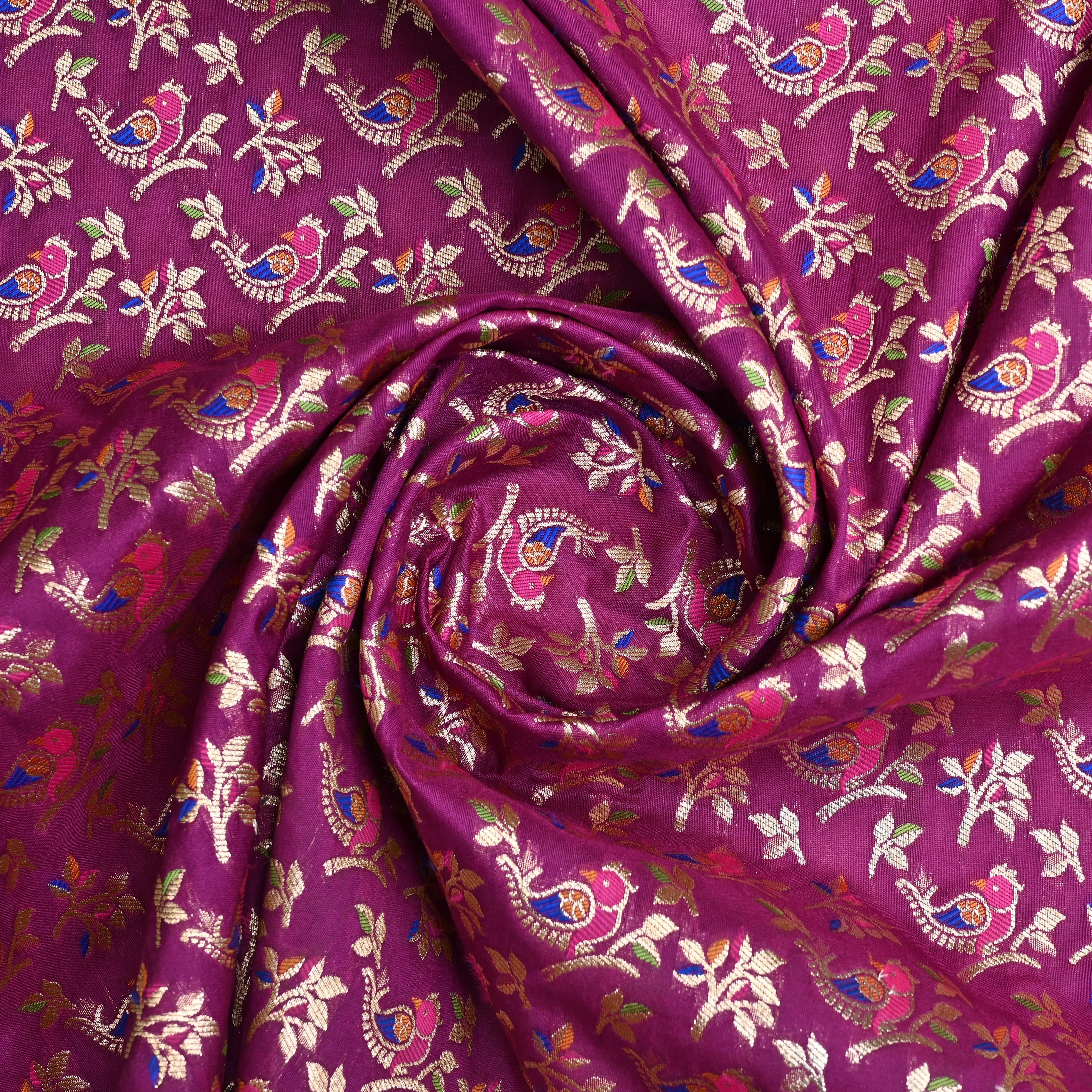 Magenta Purple Banaras Fabric With Avian Pattern