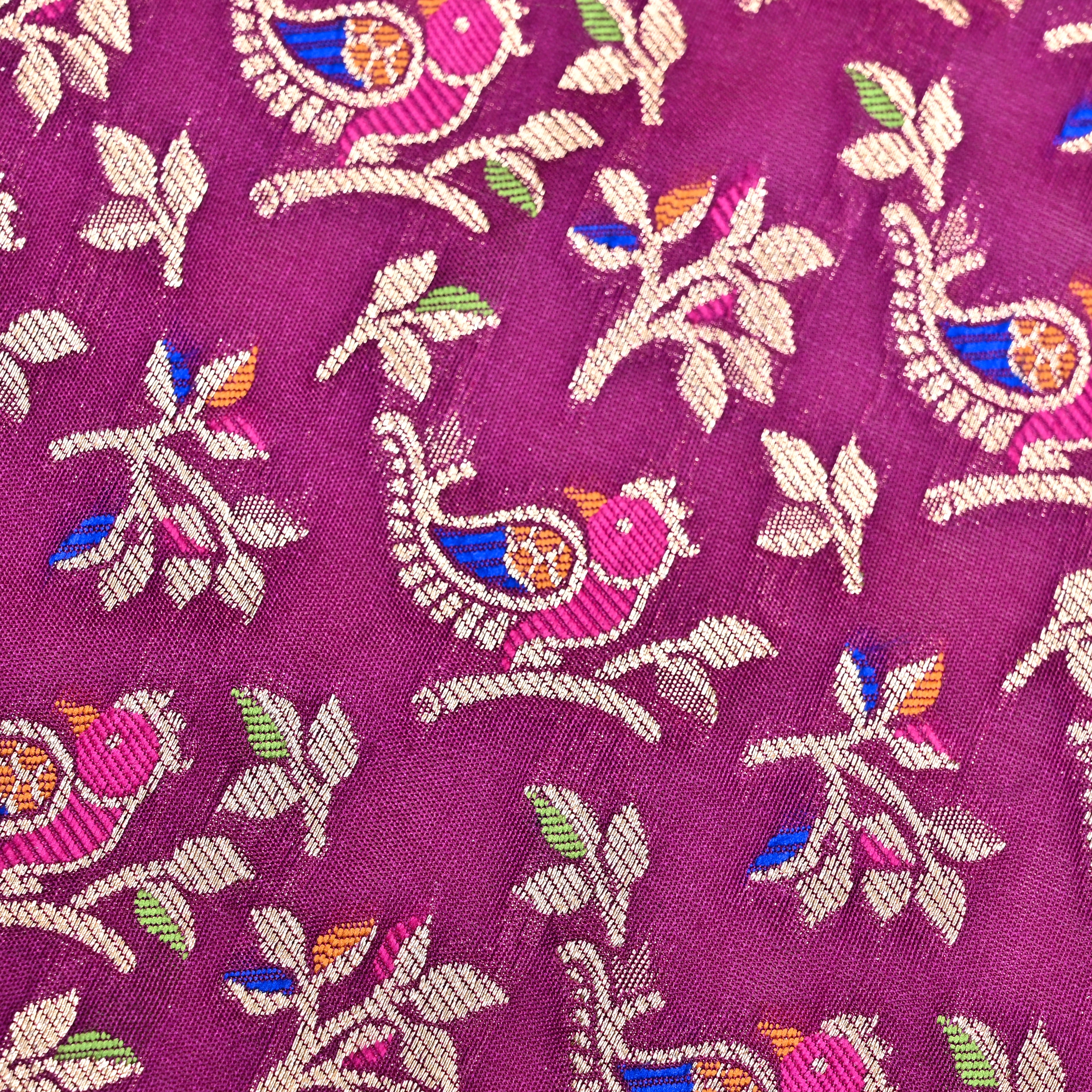 Magenta Purple Banaras Fabric With Avian Pattern