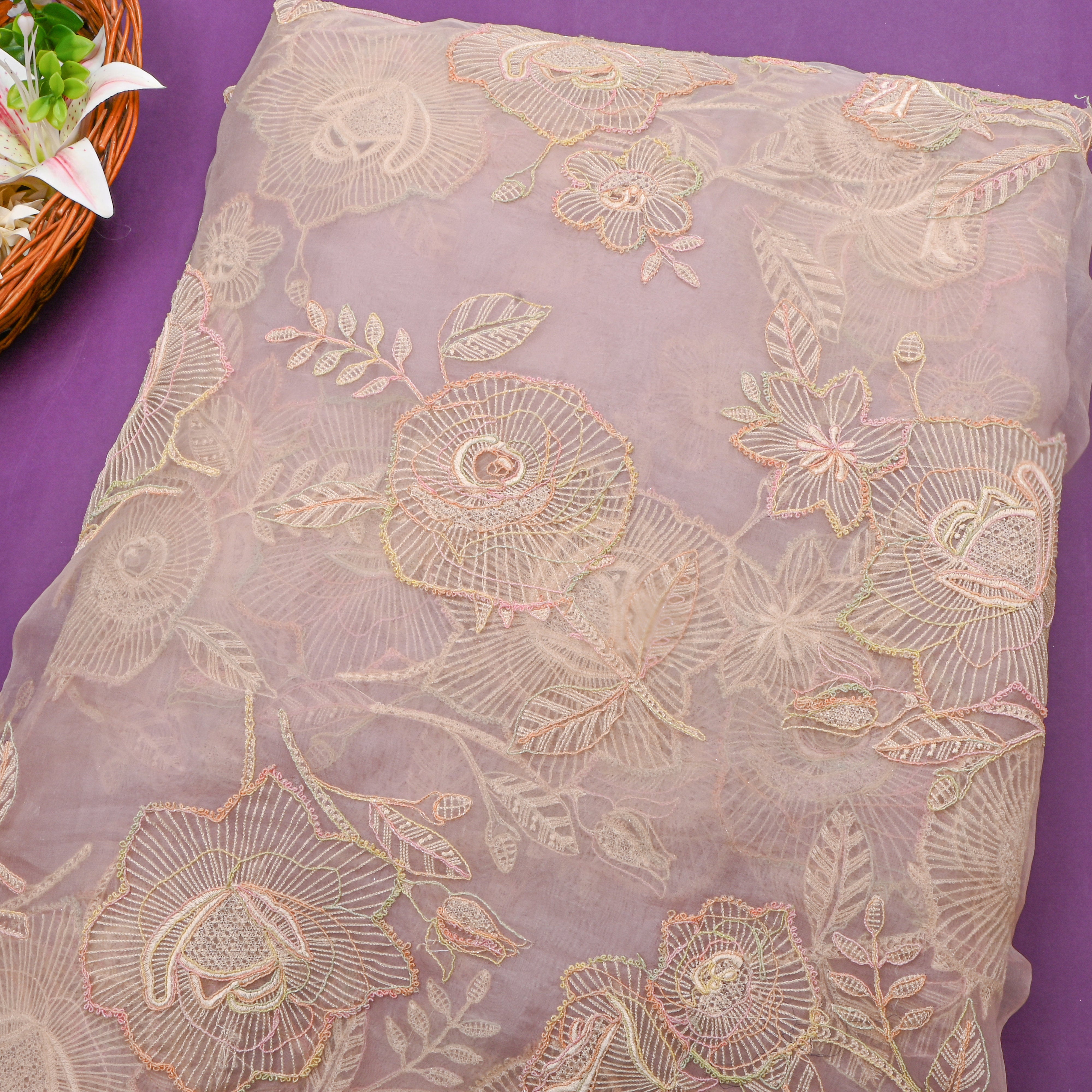 Pastel Lavender Organza With Floral Thread Work
