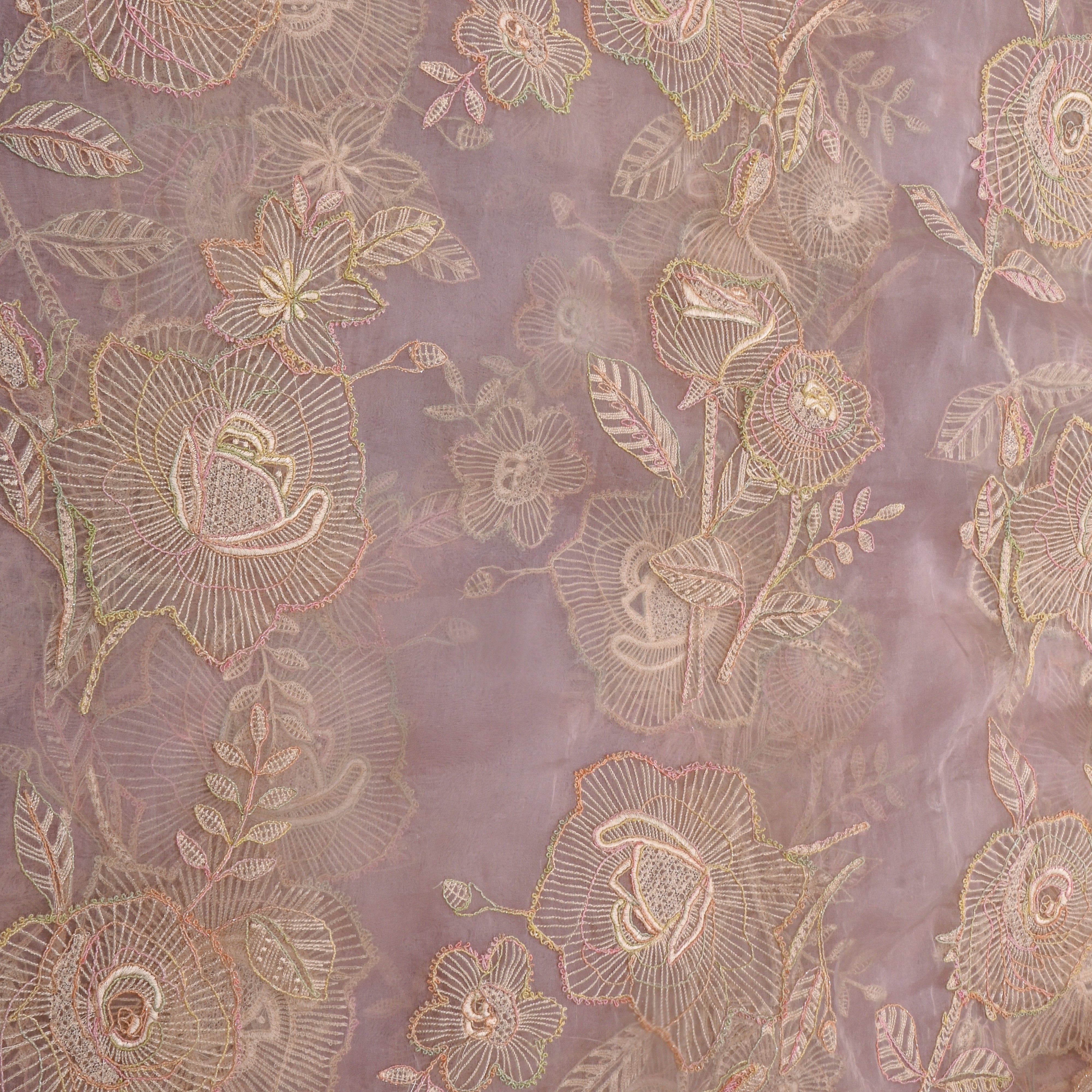 Pastel Lavender Organza With Floral Thread Work