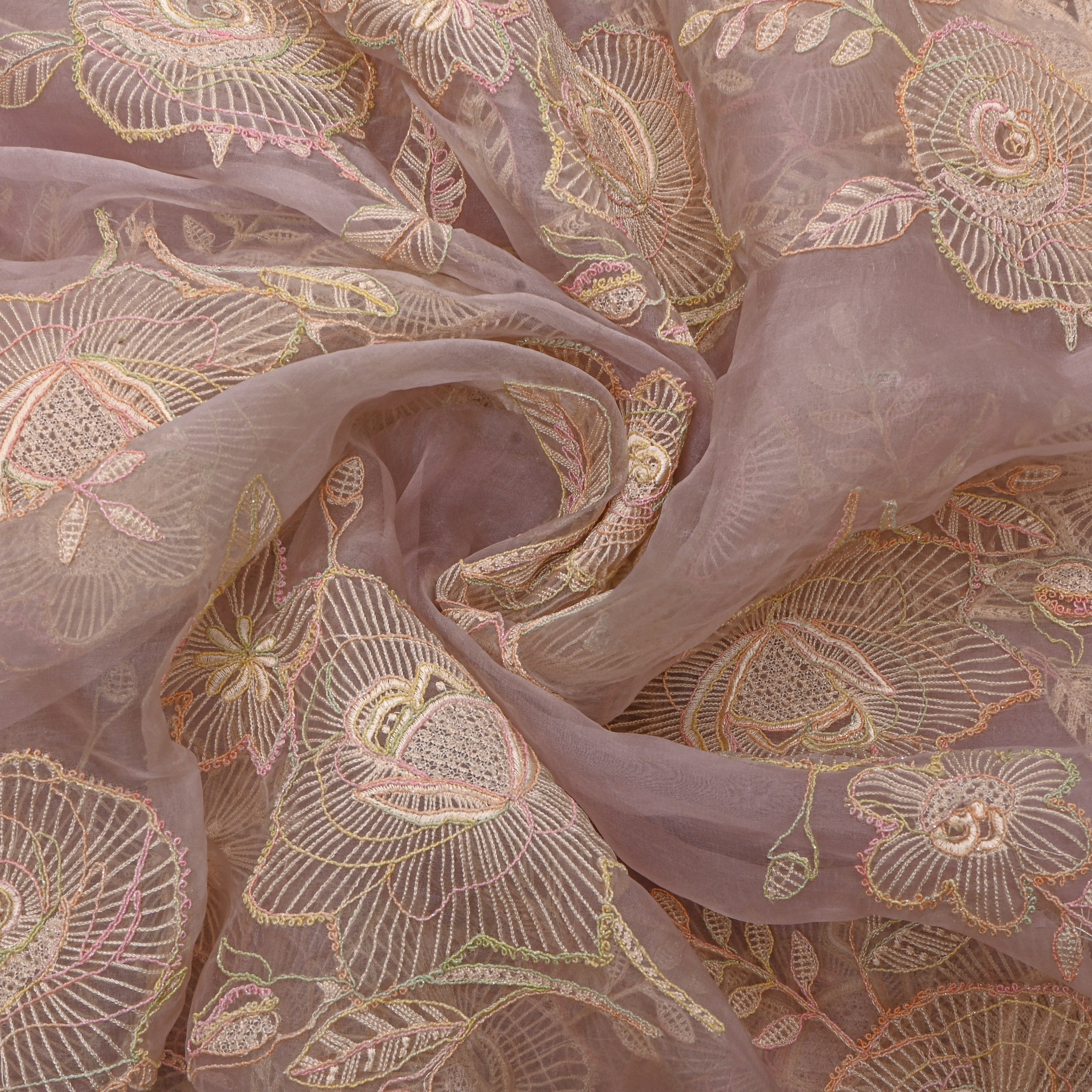 Pastel Lavender Organza With Floral Thread Work