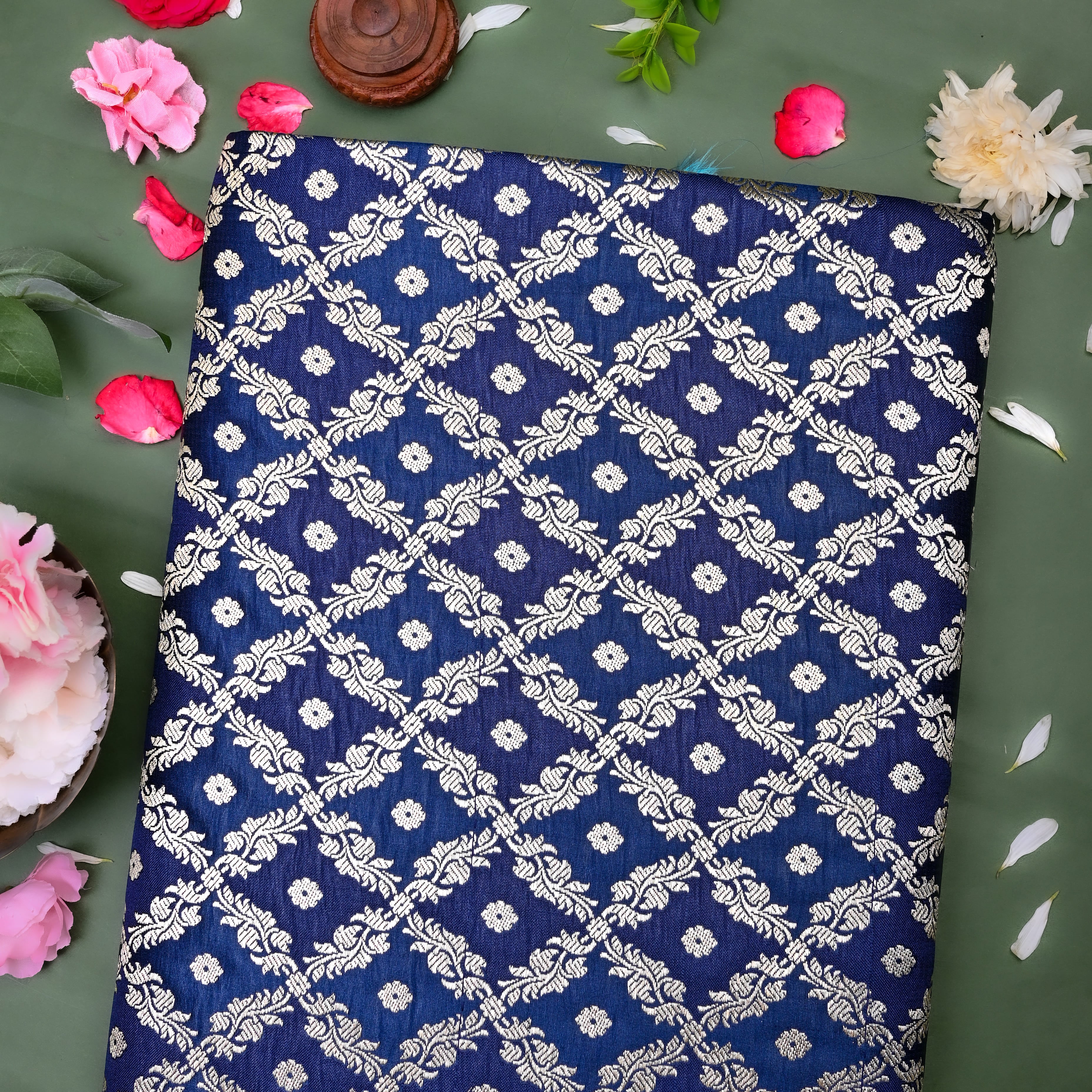 Berry Blue Banaras Fabric With Checks Pattern